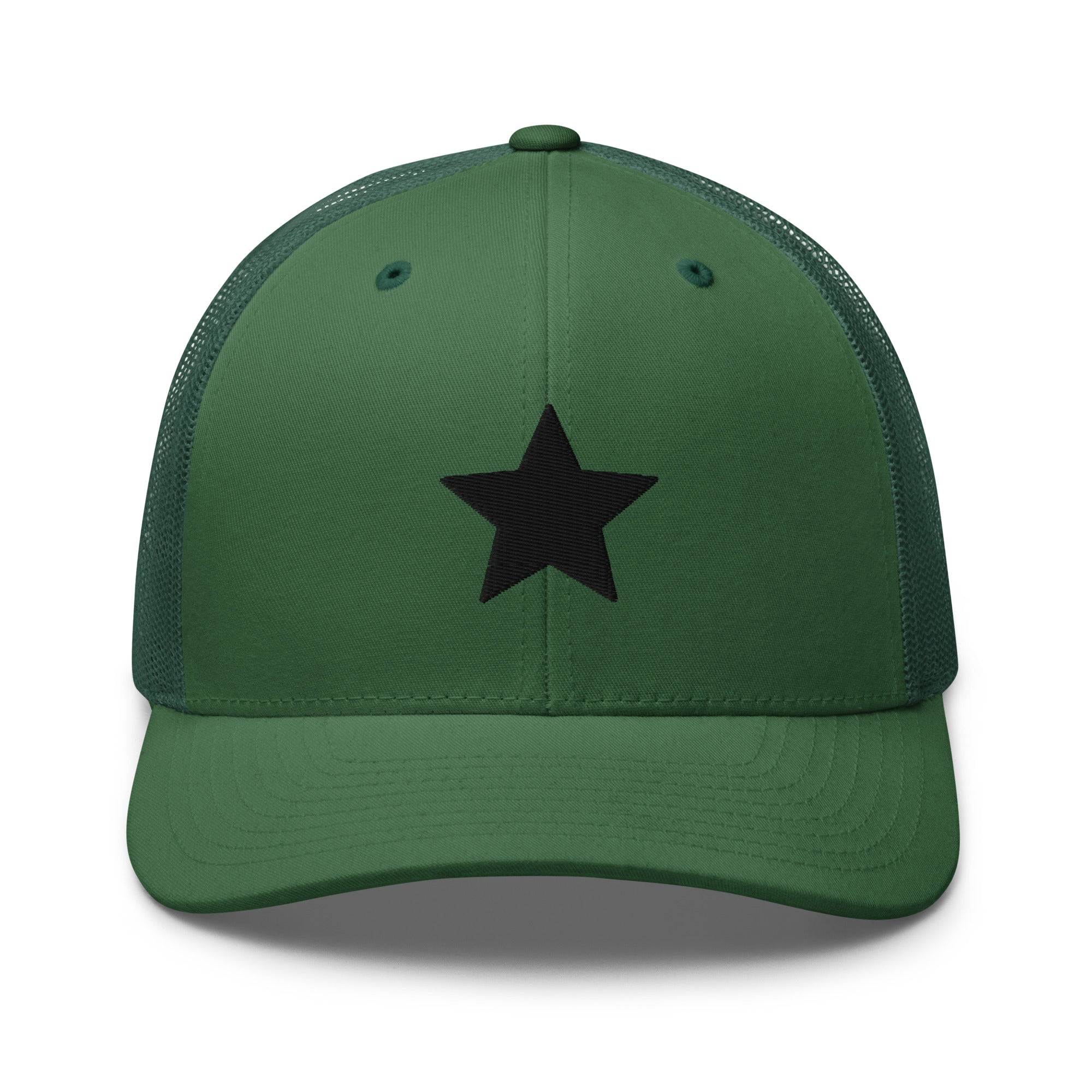 Green truckers cap with an embroidered black star, structured front, mesh back, and adjustable fit by Kicks Shoelaces