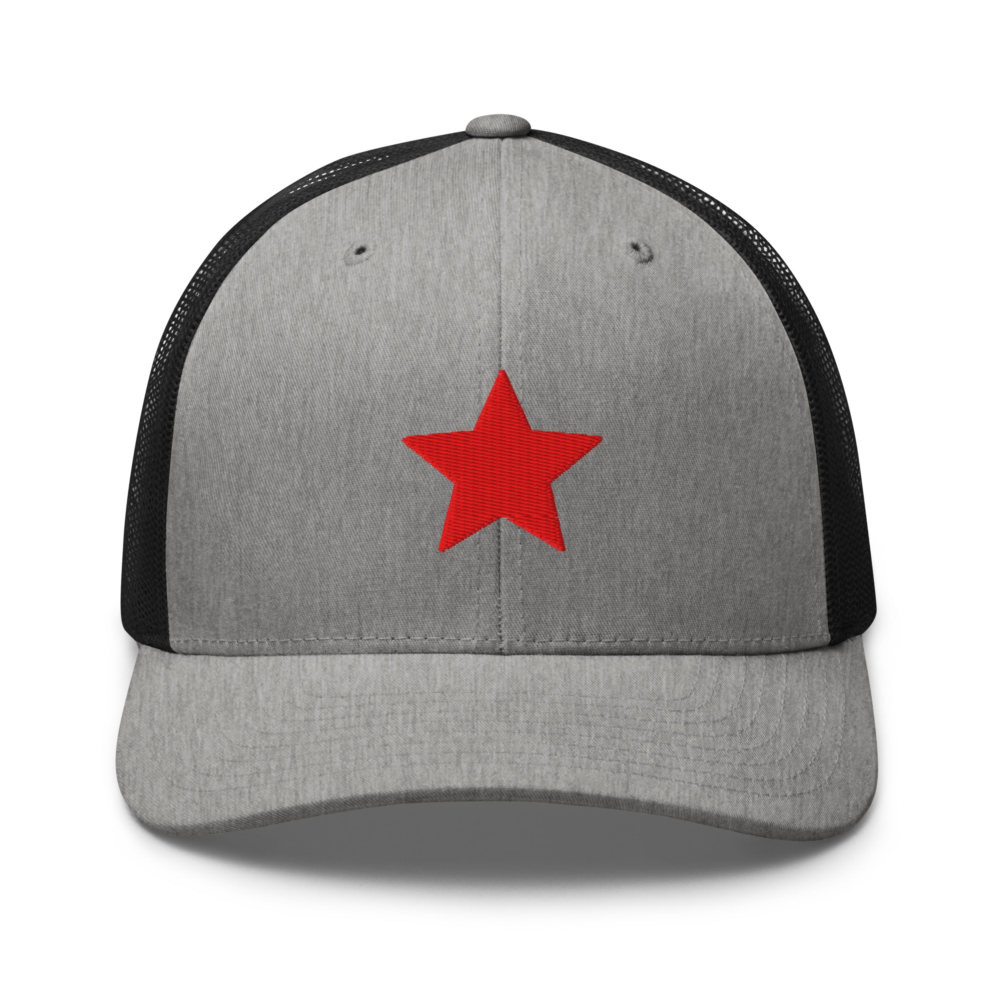 Grey and black truckers hat with an embroidered red star, structured front, mesh back, and adjustable fit by Kicks Shoelaces