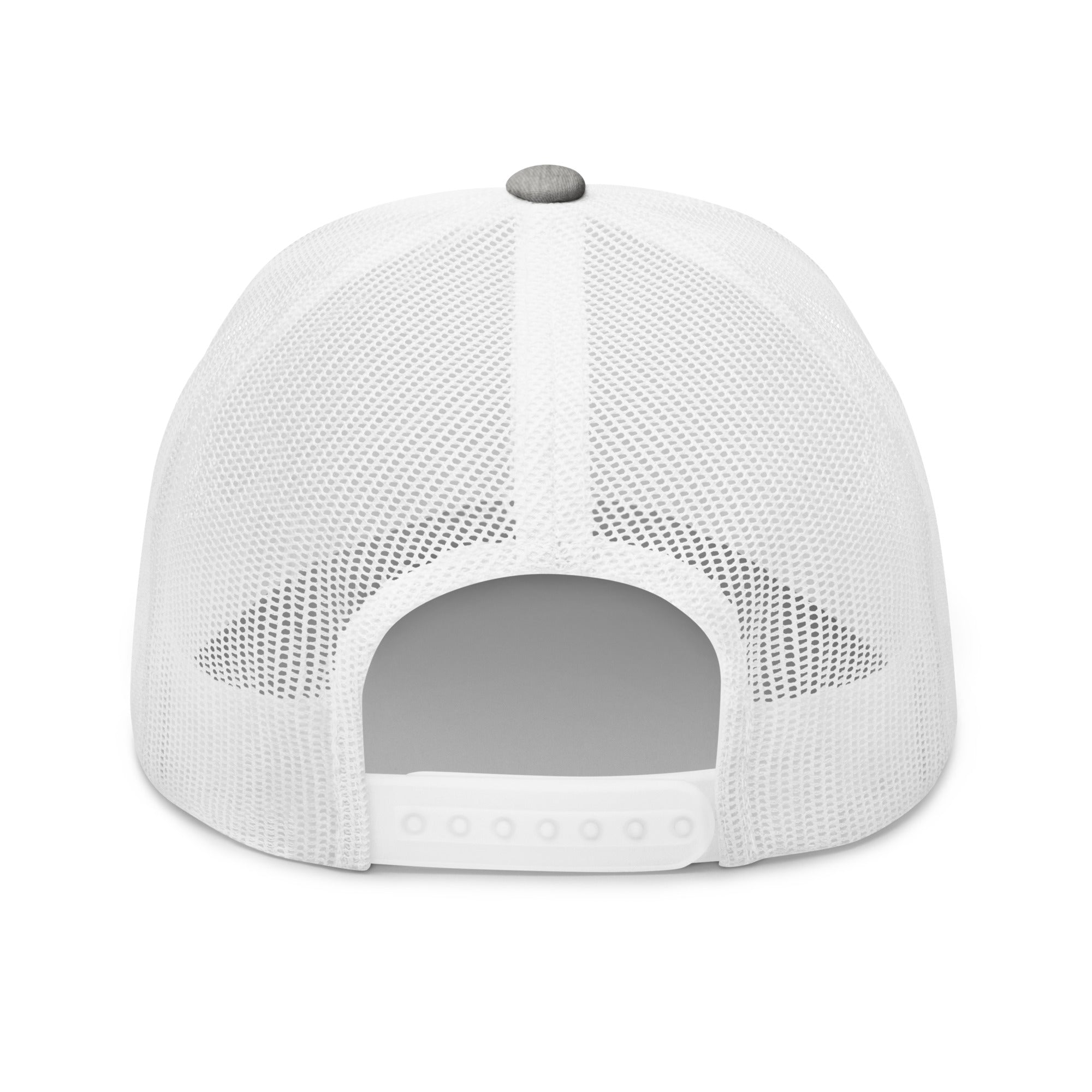 Rear view of grey and white truckers cap with black star, adjustable snapback closure