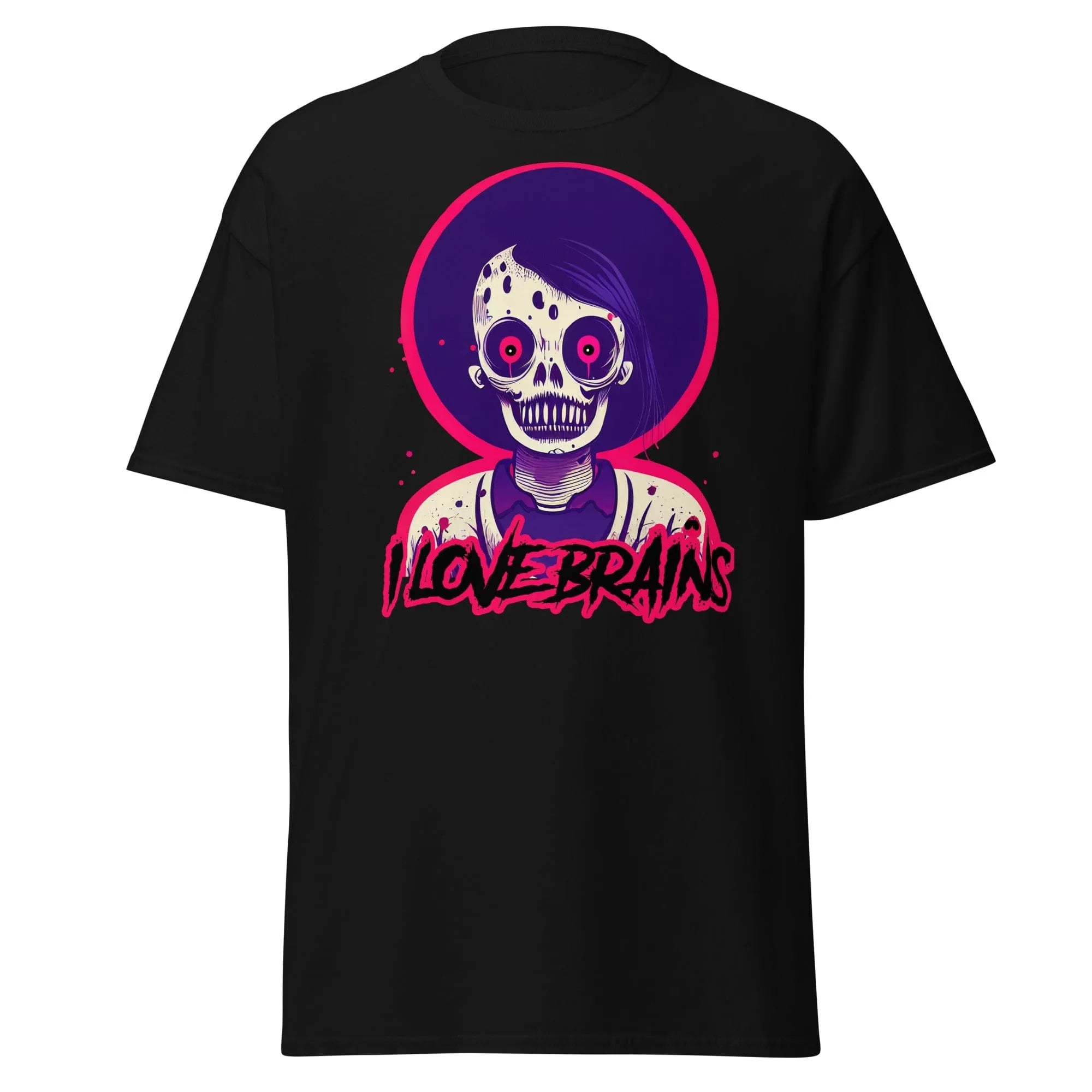 I Love Brains black Halloween T-shirt features a cartoon zombie with  I LOVE BRAINS in stylized letters below the image.
