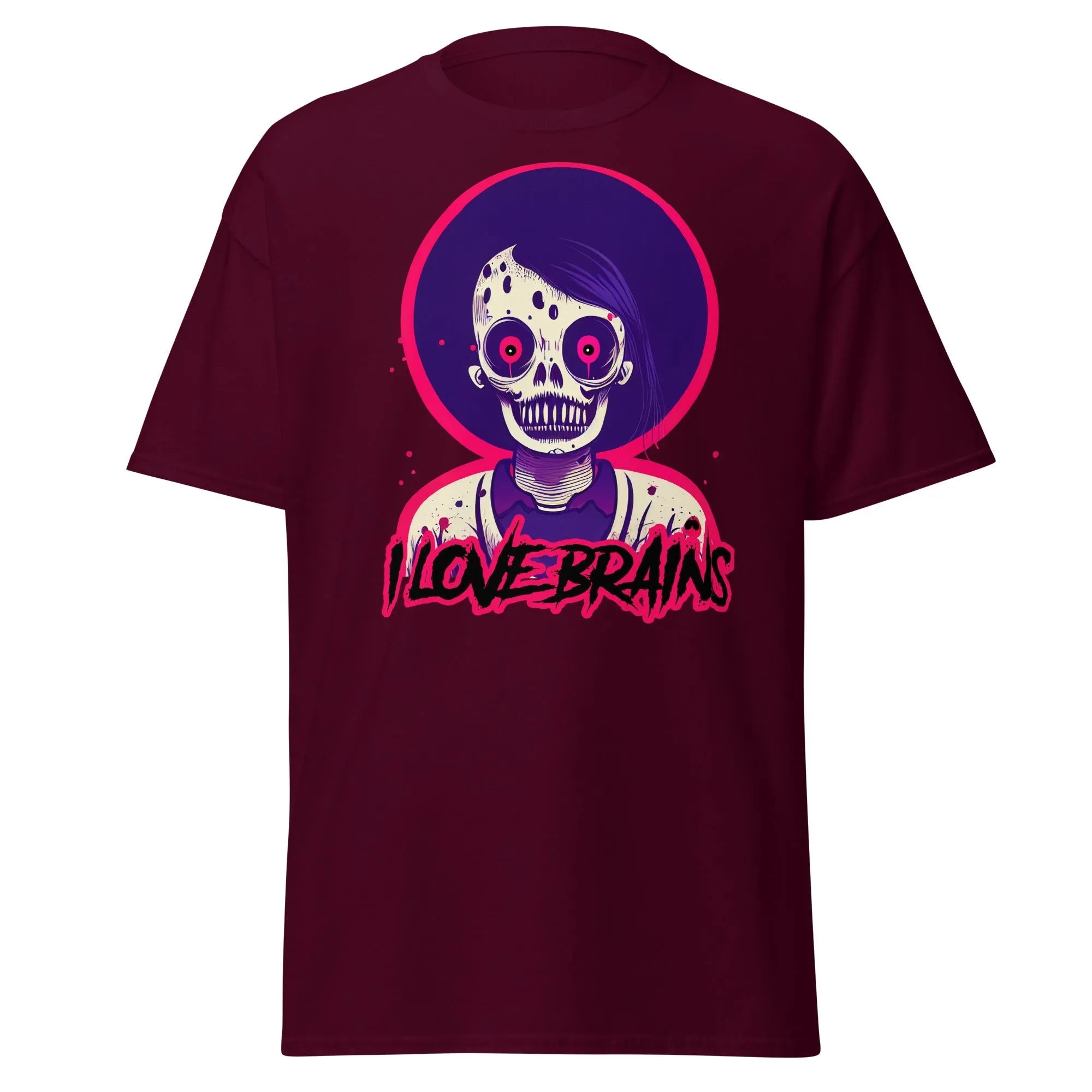 I Love Brains maroon Halloween T-shirt features a cartoon zombie with  I LOVE BRAINS in stylized letters below the image.