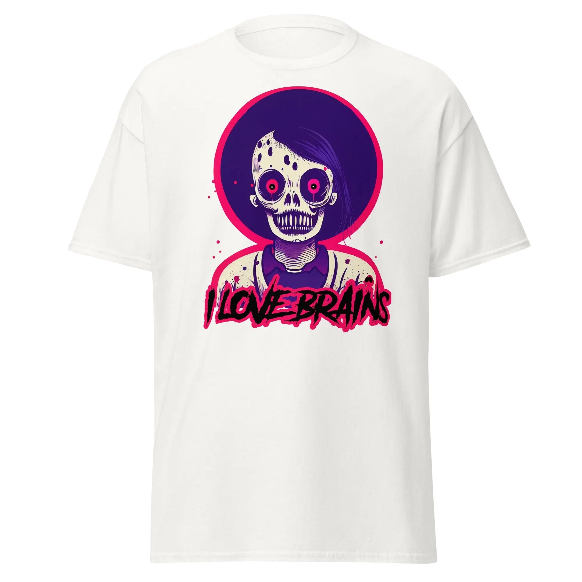 I Love Brains white Halloween T-shirt features a cartoon zombie with  I LOVE BRAINS in stylized letters below the image.