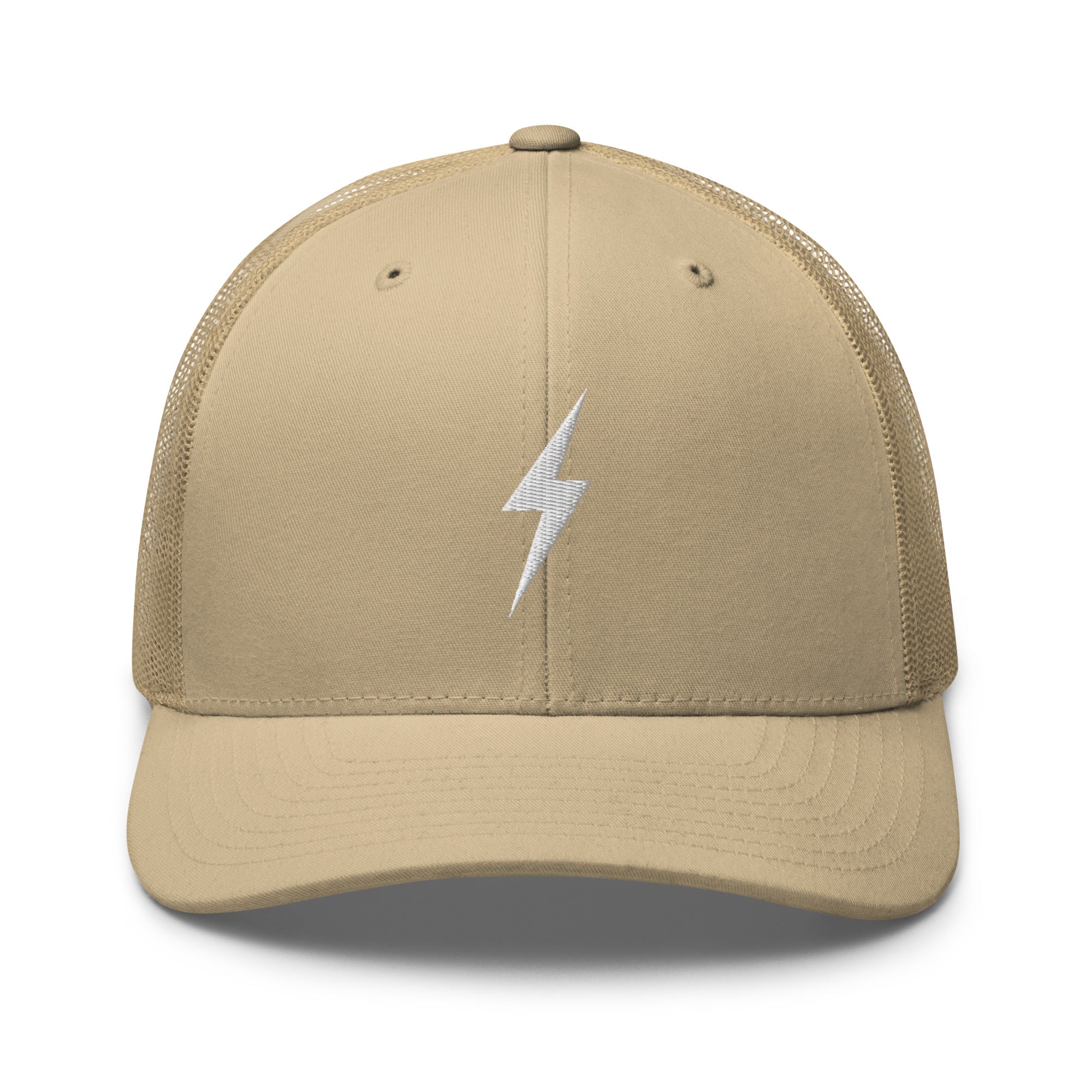 Khaki trucker hat with a white lightning bolt design on front panel