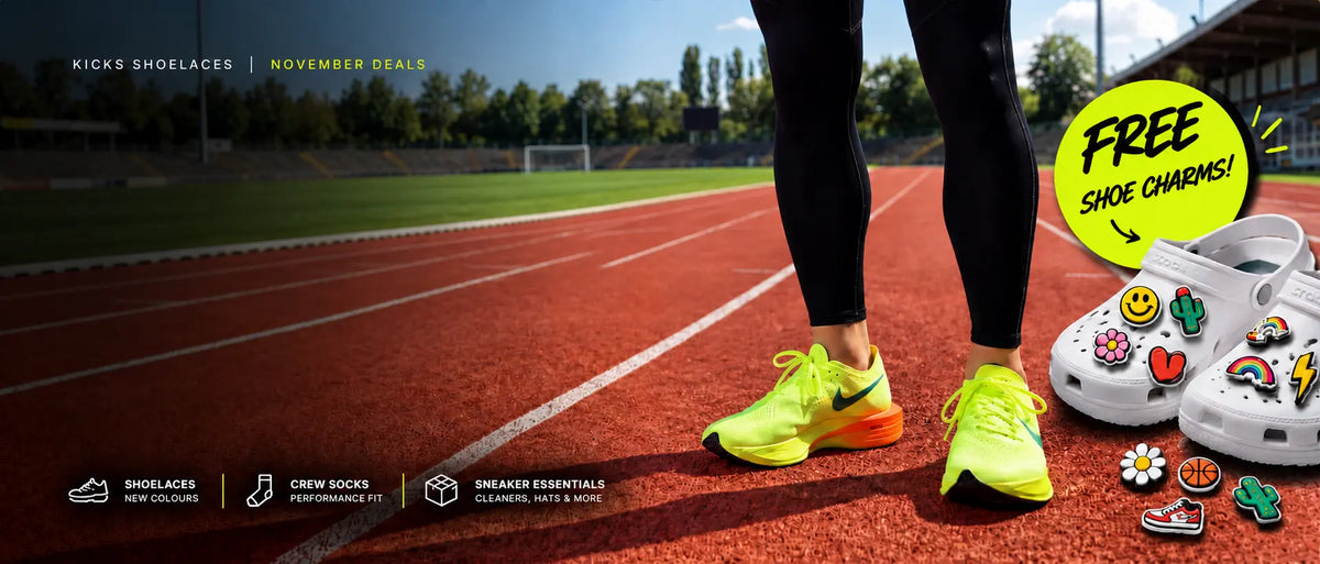 Kicks Shoelaces November Deals featuring running shoes, colorful shoe charms and a free shoe charms promotion.