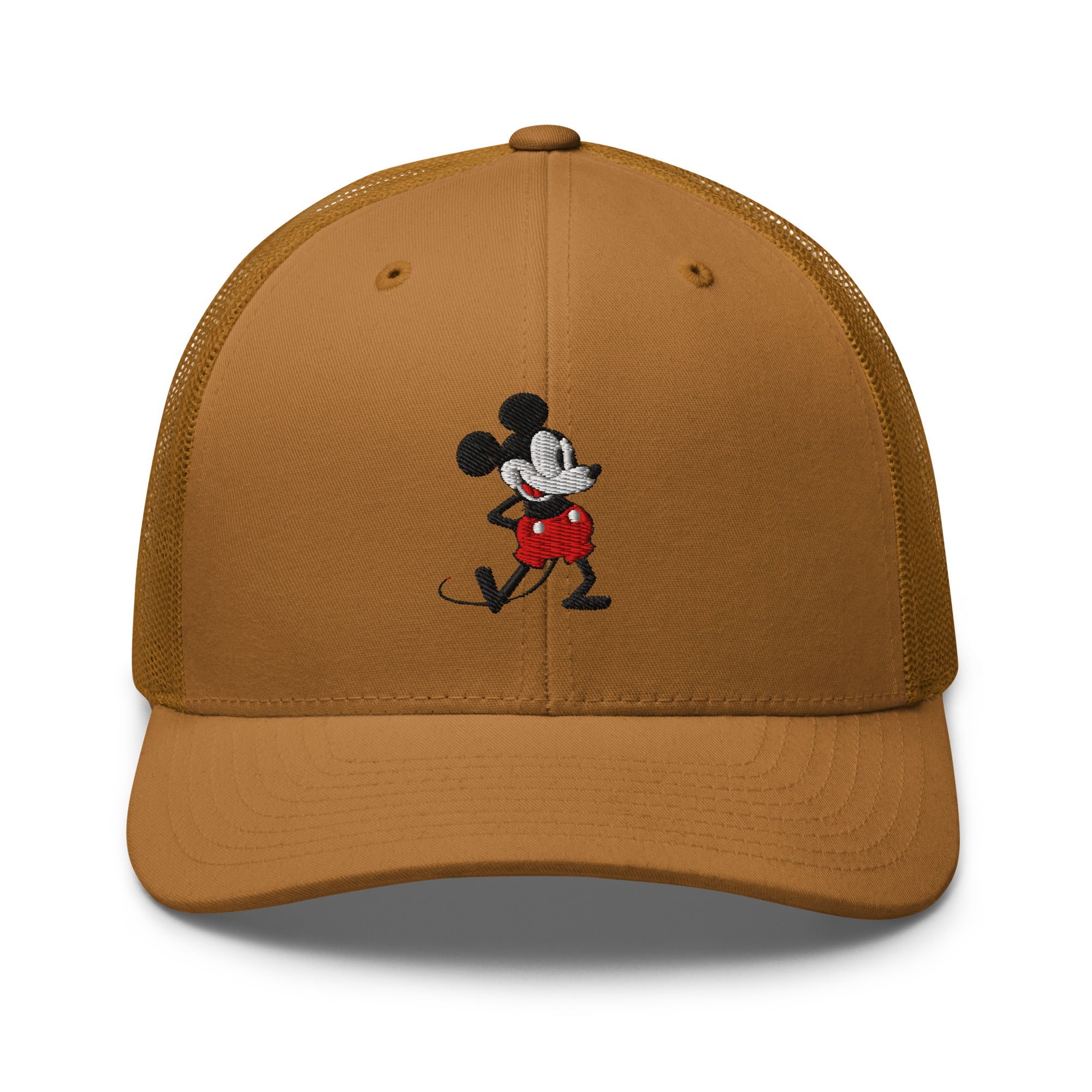 Caramel trucker hat with a 1928 Mickey Mouse cartoon character embroidered on it.