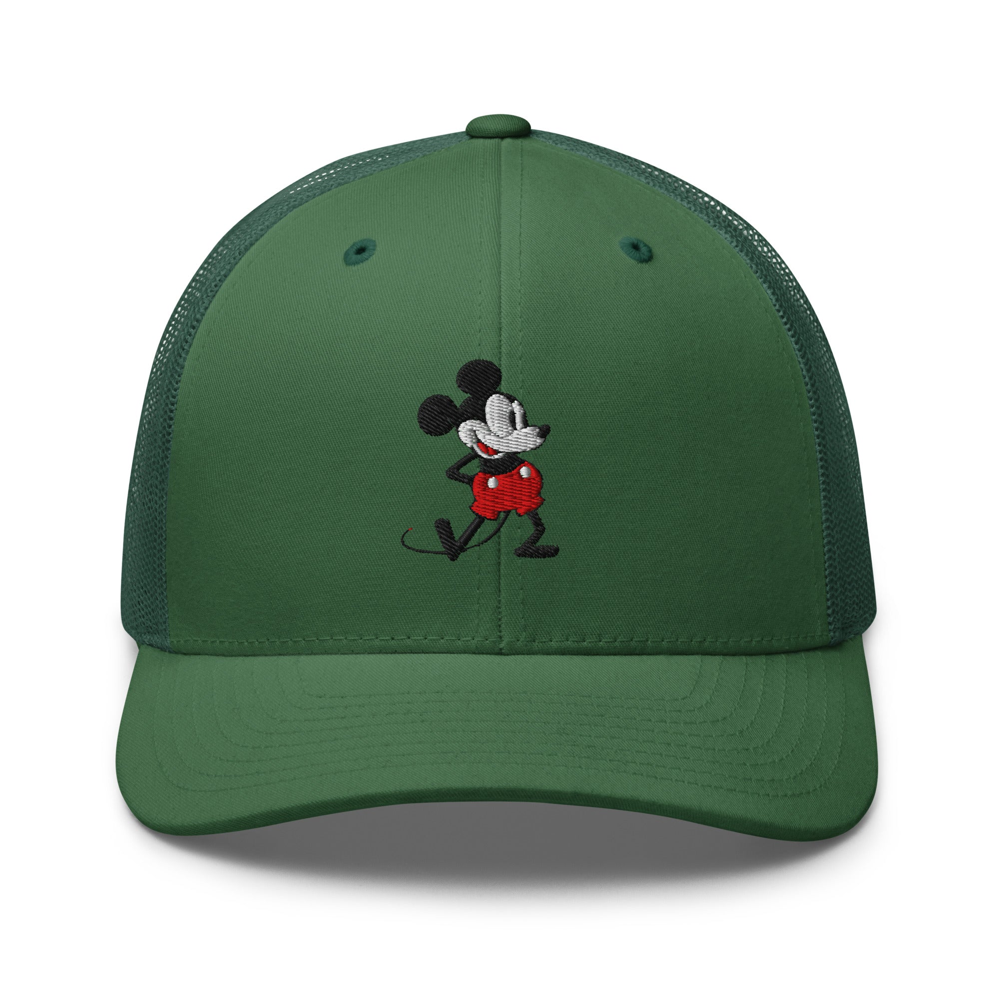 Green trucker hat with a 1928 Mickey Mouse cartoon character embroidered on it.