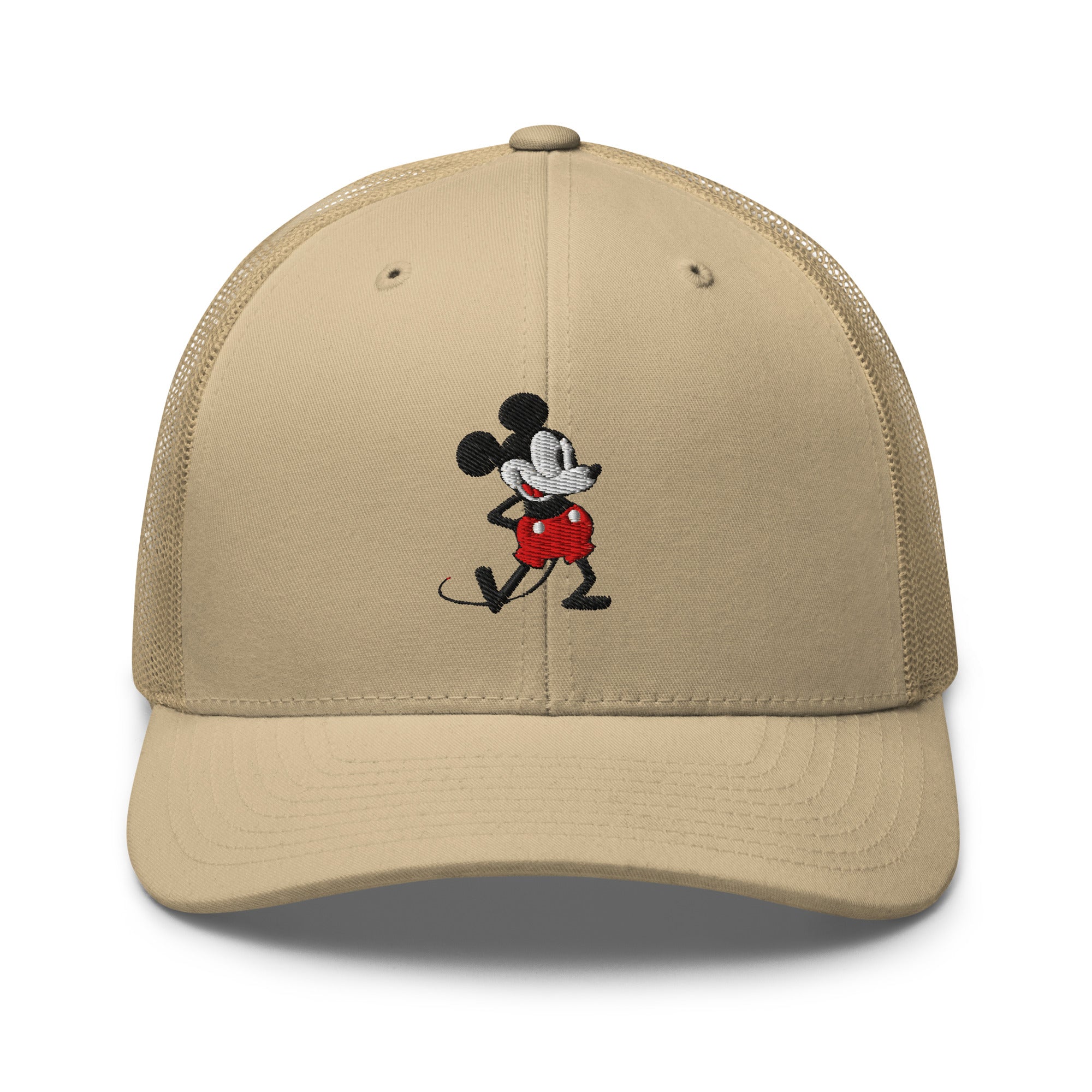 Khaki trucker hat with a 1928 Mickey Mouse cartoon character embroidered on it.