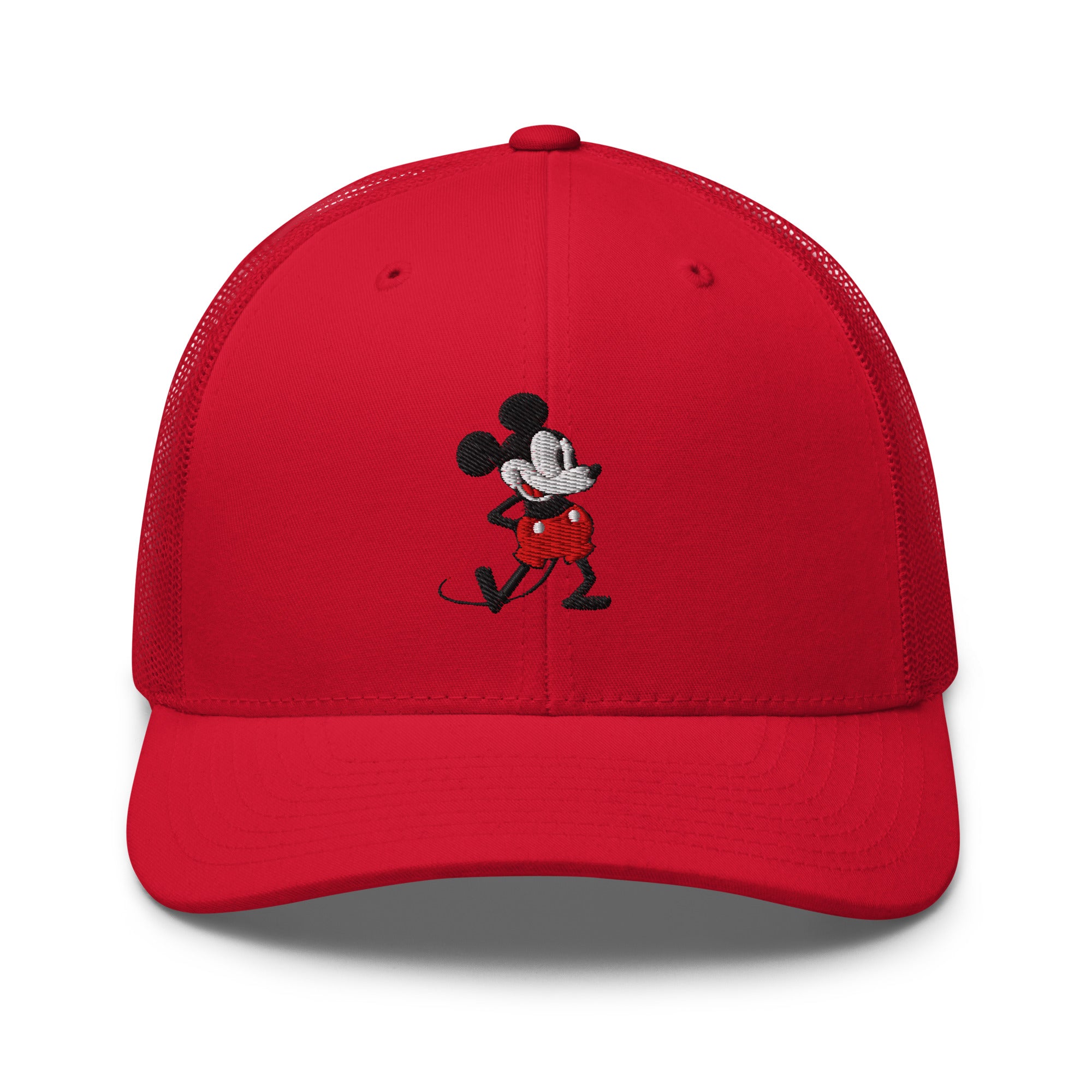 Red trucker hat with a 1928 Mickey Mouse cartoon character embroidered on it.