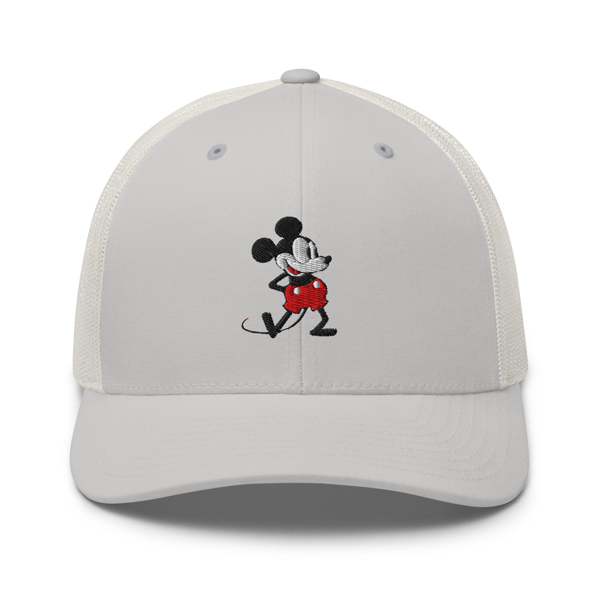 Silver trucker hat with a 1928 Mickey Mouse cartoon character embroidered on it.