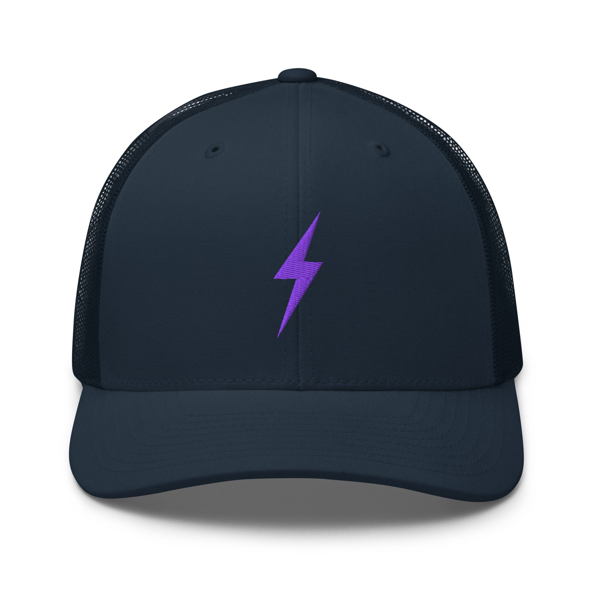 Navy blue trucker hat with an embroidered purple lightning bolt design on the front panel