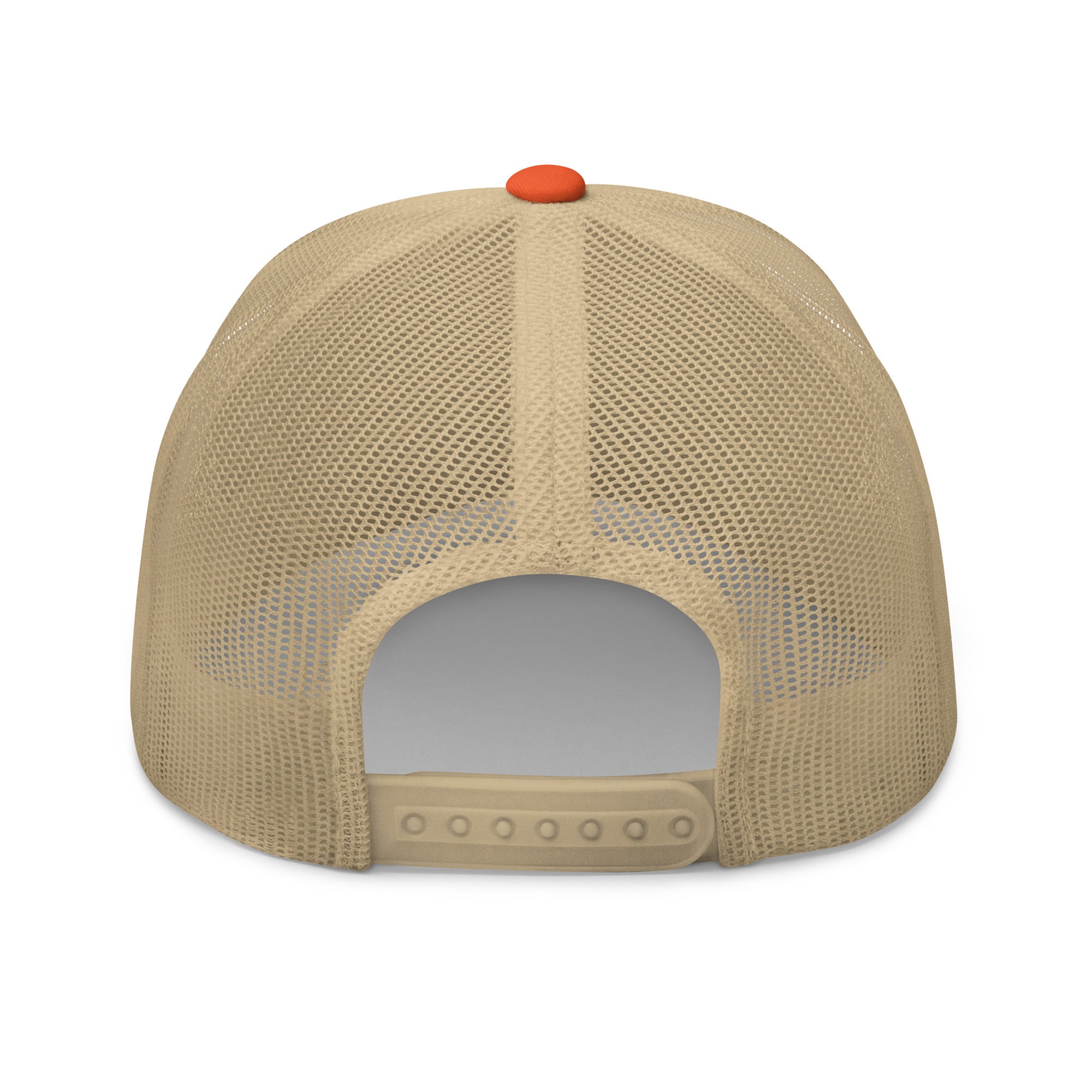 Rear view of orange and khaki truckers hat with adjustable snapback closure