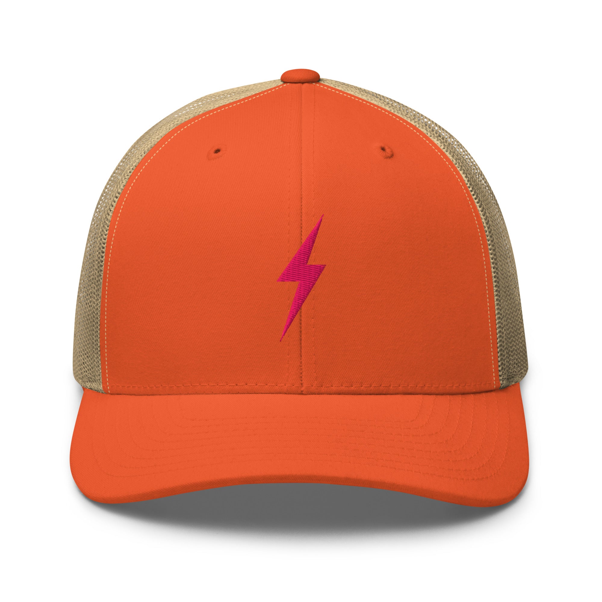Orange trucker hat with pink lightning bolt design on front panel