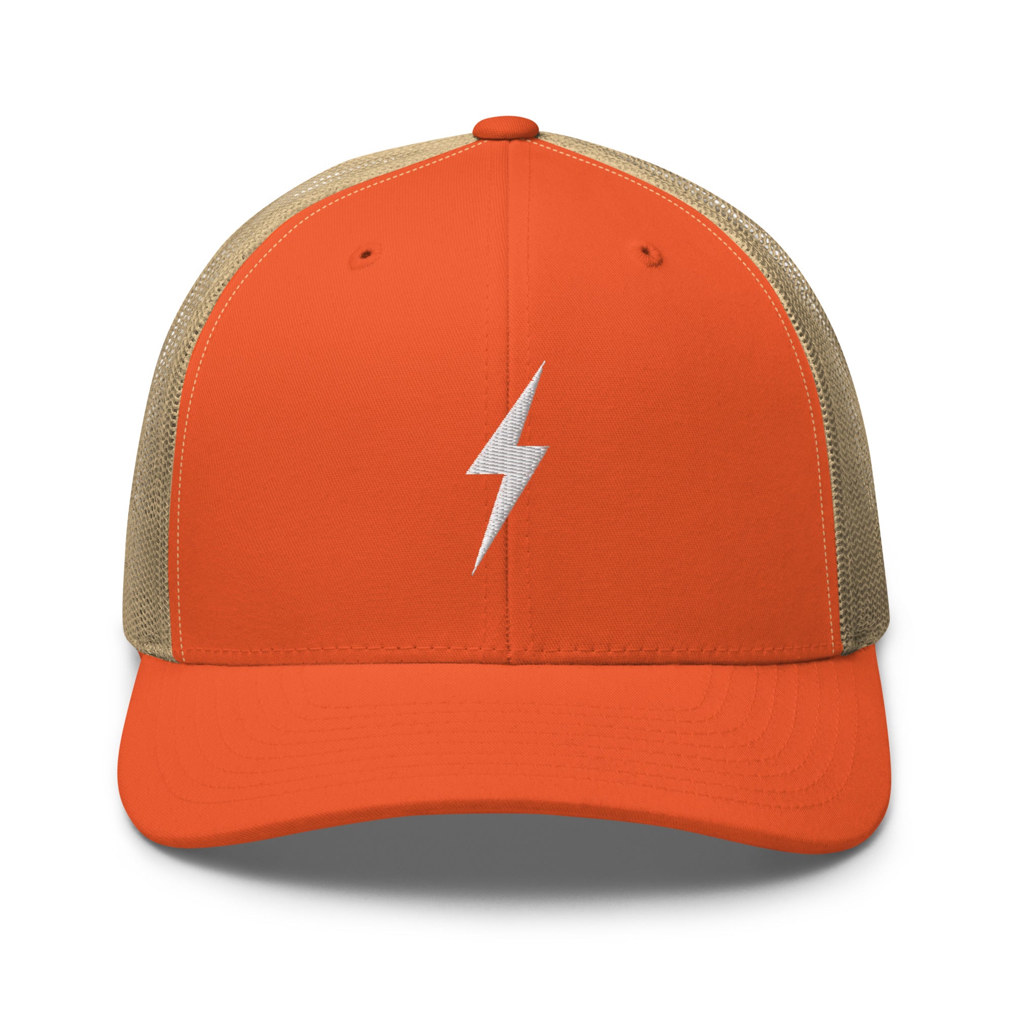 Orange trucker hat with a white lightning bolt design on front panel