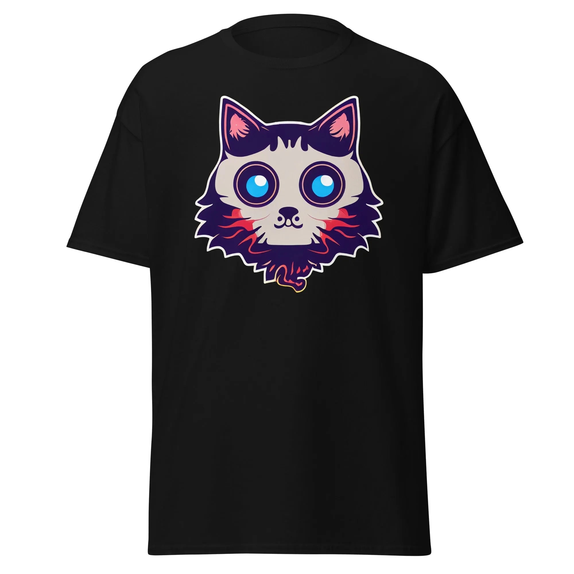 Phantom Furball black Halloween T-shirt featuring a bold cartoon cat face with big eyes.