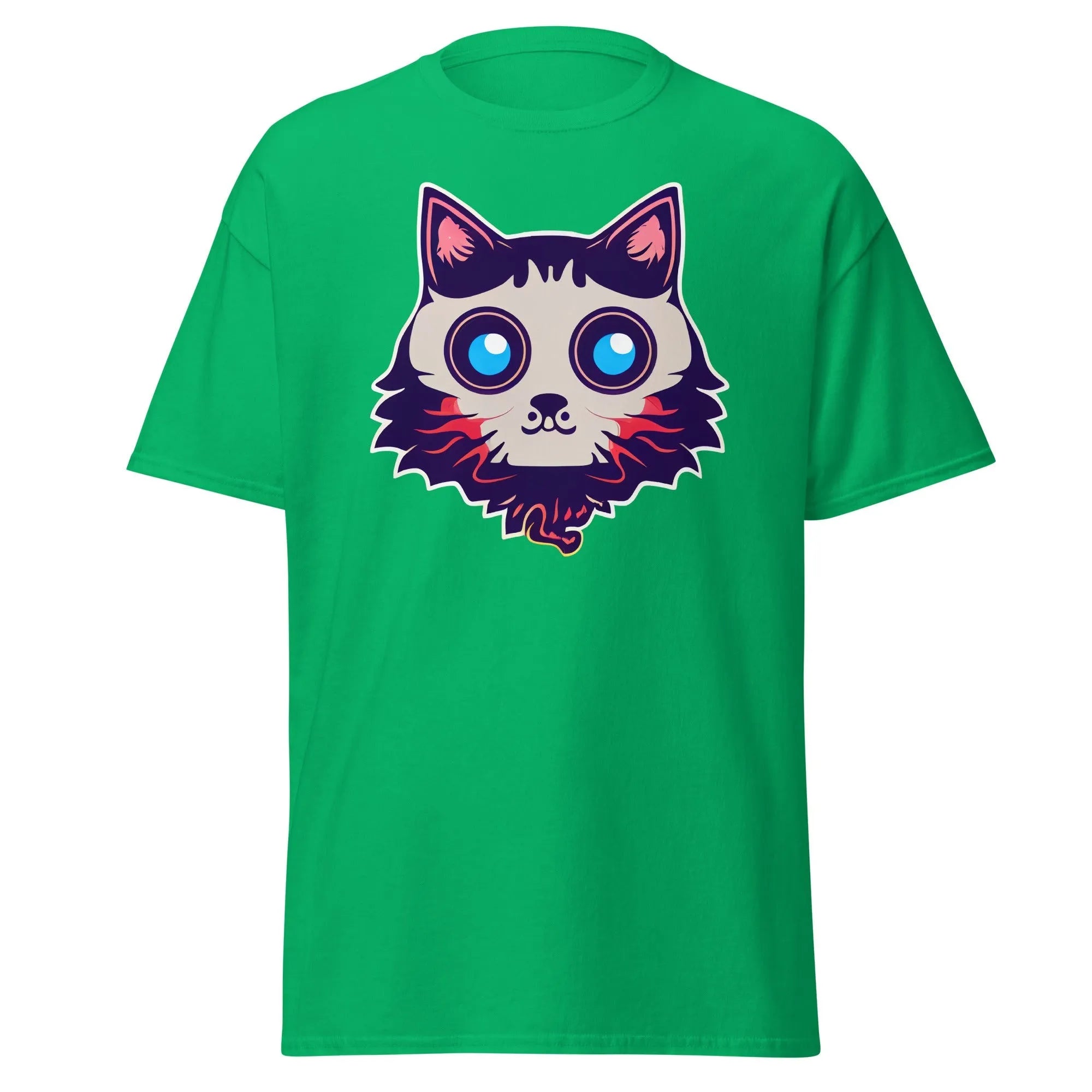 Phantom Furball green Halloween T-shirt featuring a bold cartoon cat face with big eyes.