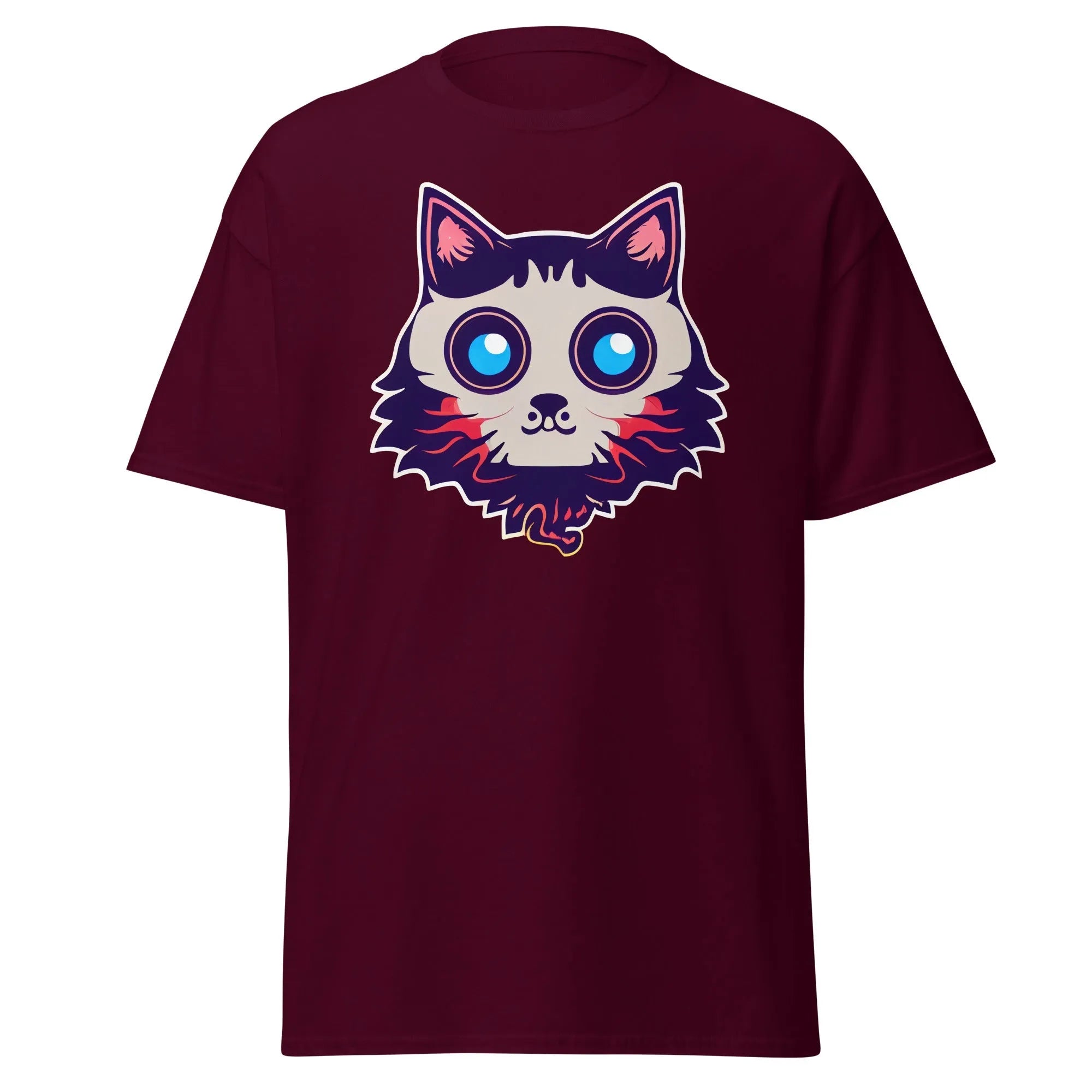 Phantom Furball marron Halloween T-shirt featuring a bold cartoon cat face with big eyes.