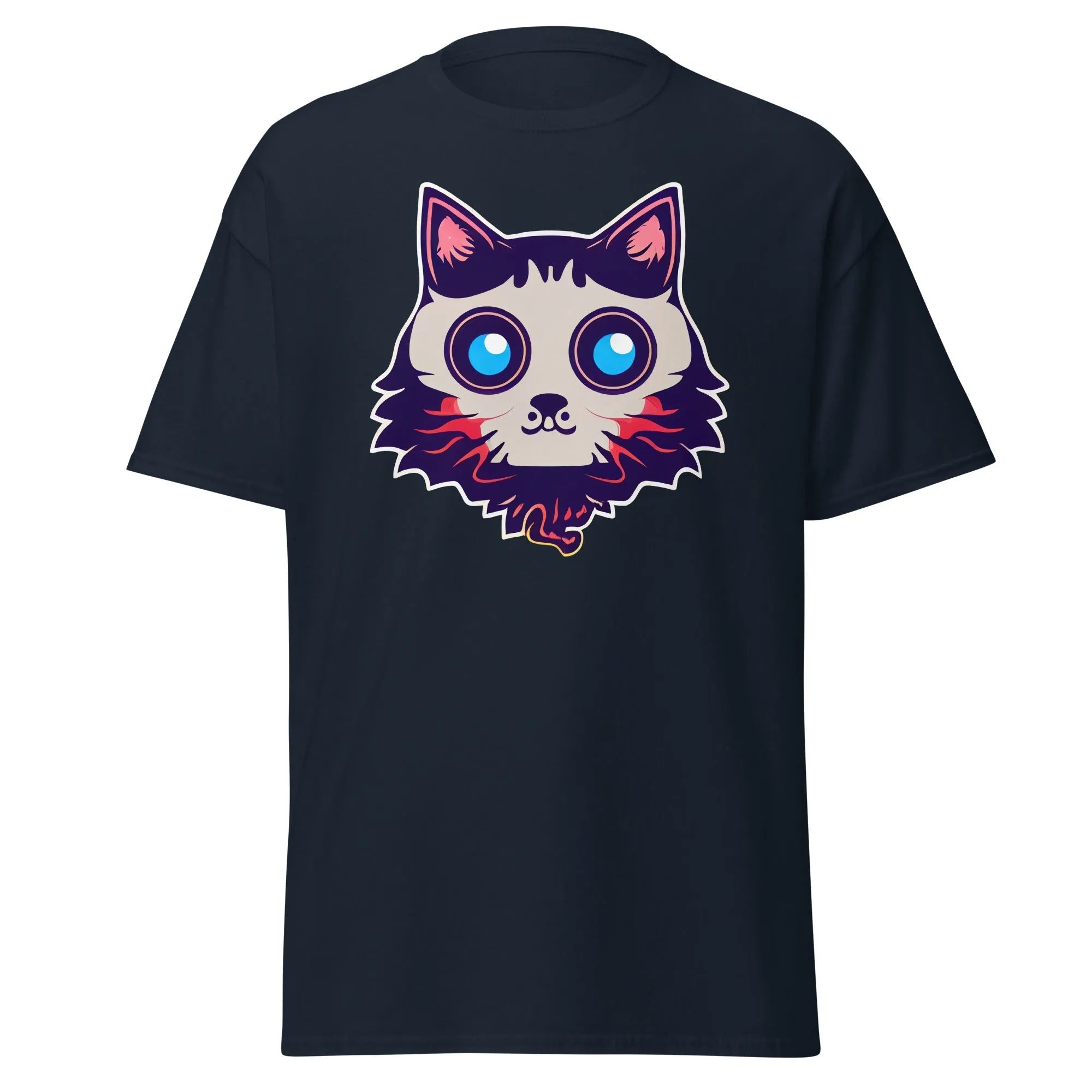 Phantom Furball navy blue Halloween T-shirt featuring a bold cartoon cat face with big eyes.
