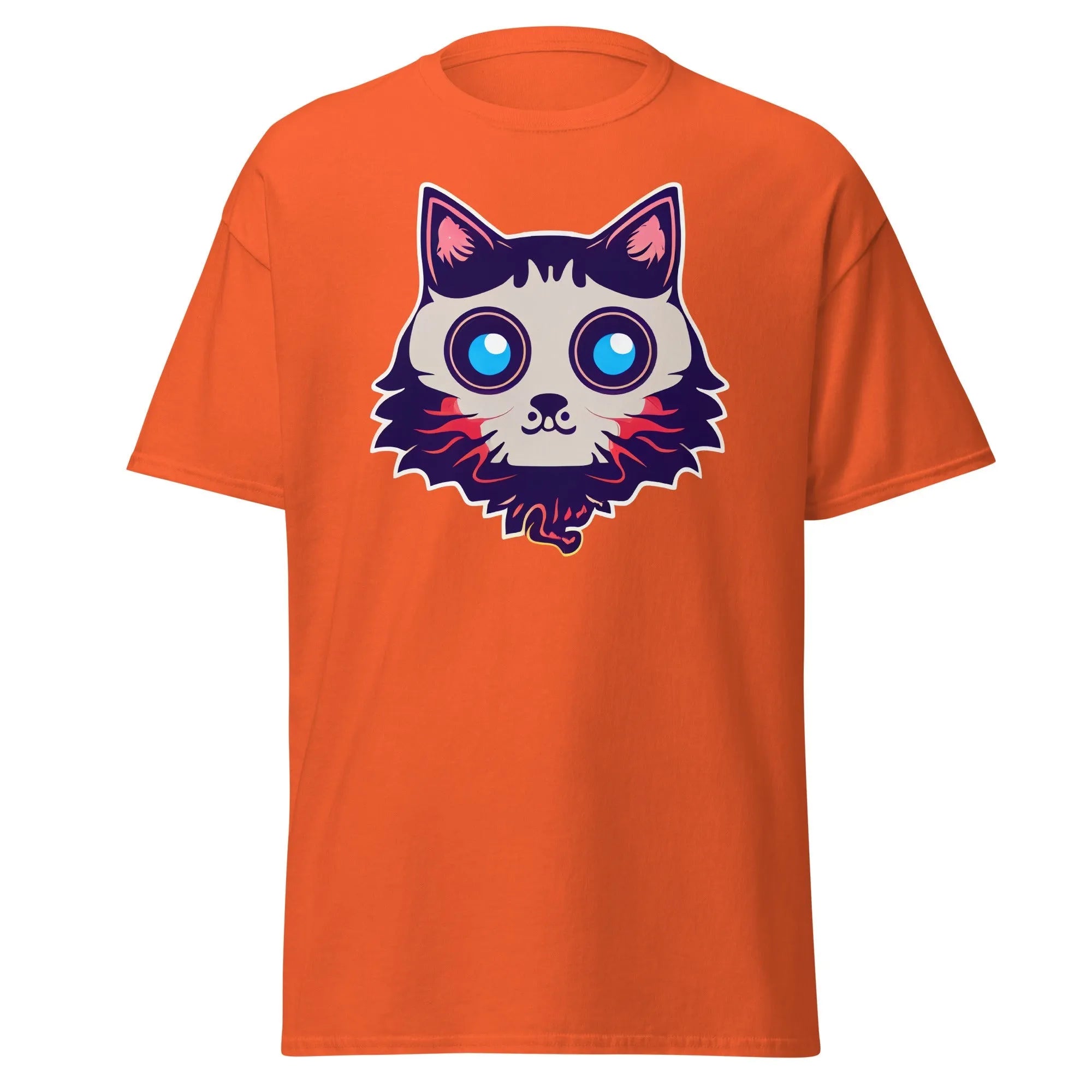 Phantom Furball orange Halloween T-shirt featuring a bold cartoon cat face with big eyes.