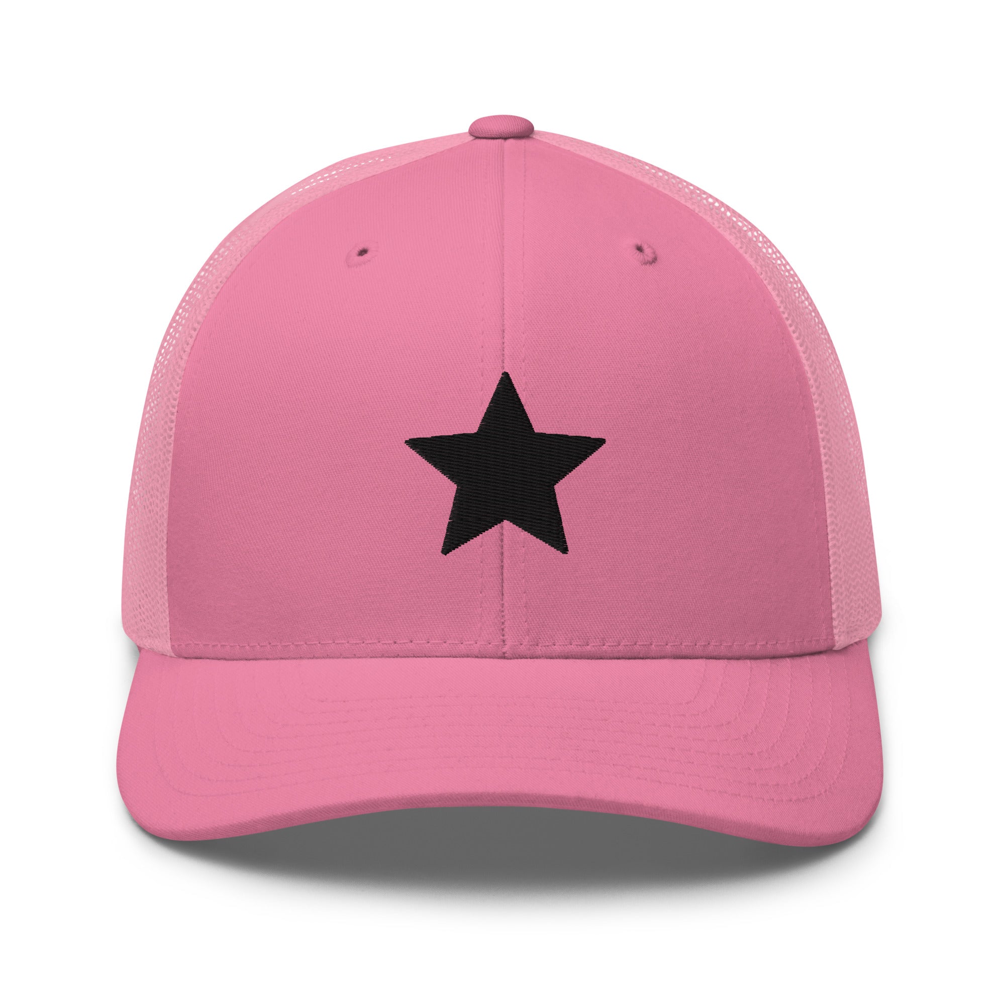Pink truckers cap with an embroidered black star, structured front, mesh back, and adjustable fit by Kicks Shoelaces