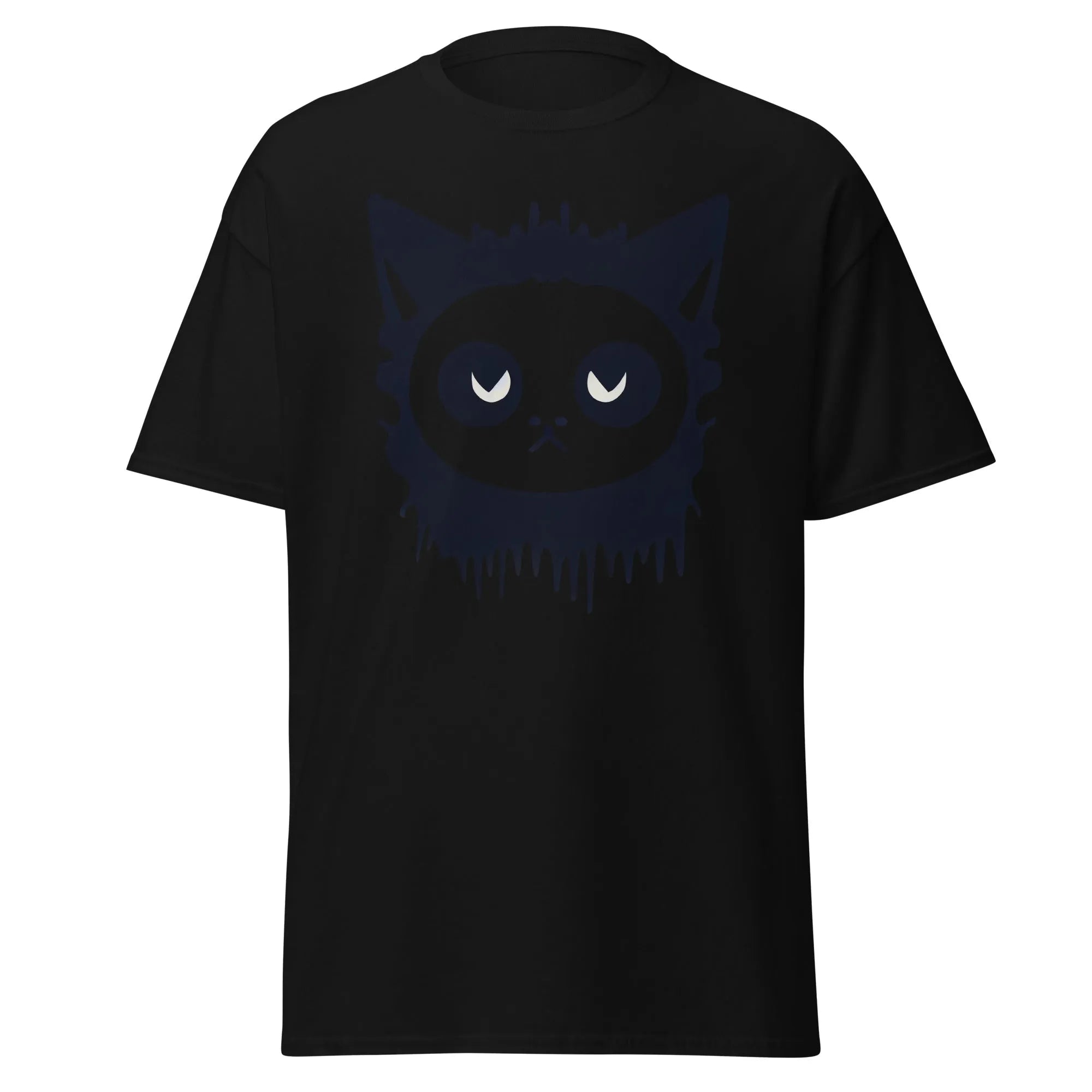 Purr-Zombie black Halloween T-shirt featuring a bold black cat face with wide eyes and dripping detail at the bottom.