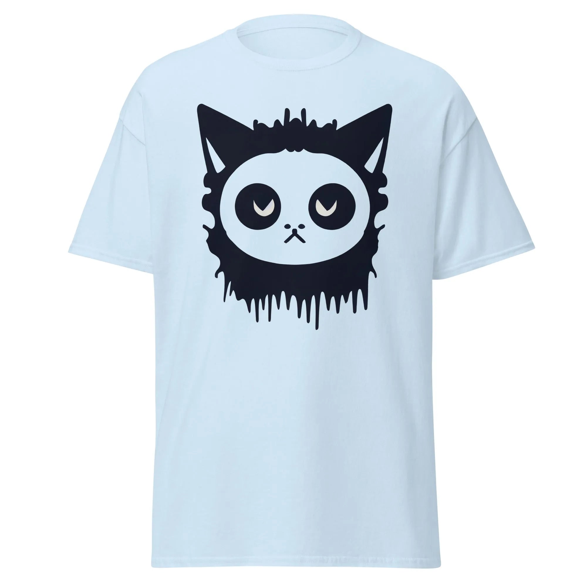 Purr-Zombie light blue Halloween T-shirt featuring a bold black cat face with wide eyes and dripping detail at the bottom.
