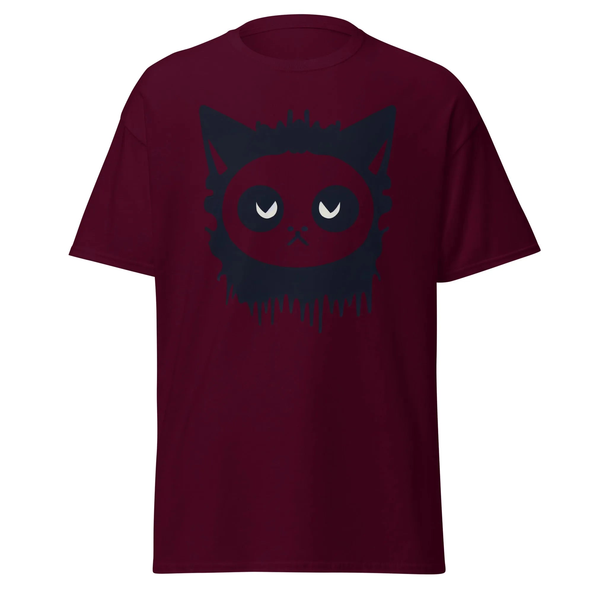 Purr-Zombie maroon Halloween T-shirt featuring a bold black cat face with wide eyes and dripping detail at the bottom.