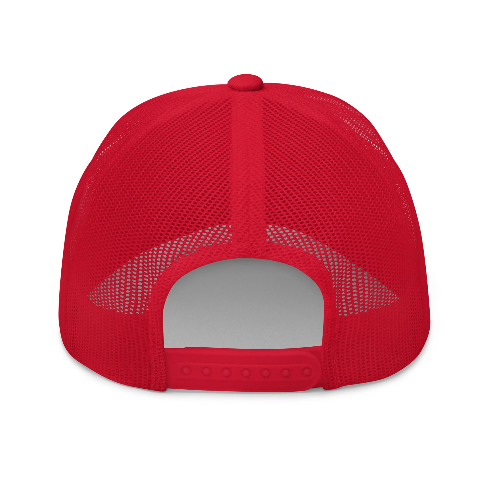 Rear view of red truckers cap with black star, adjustable snapback closure