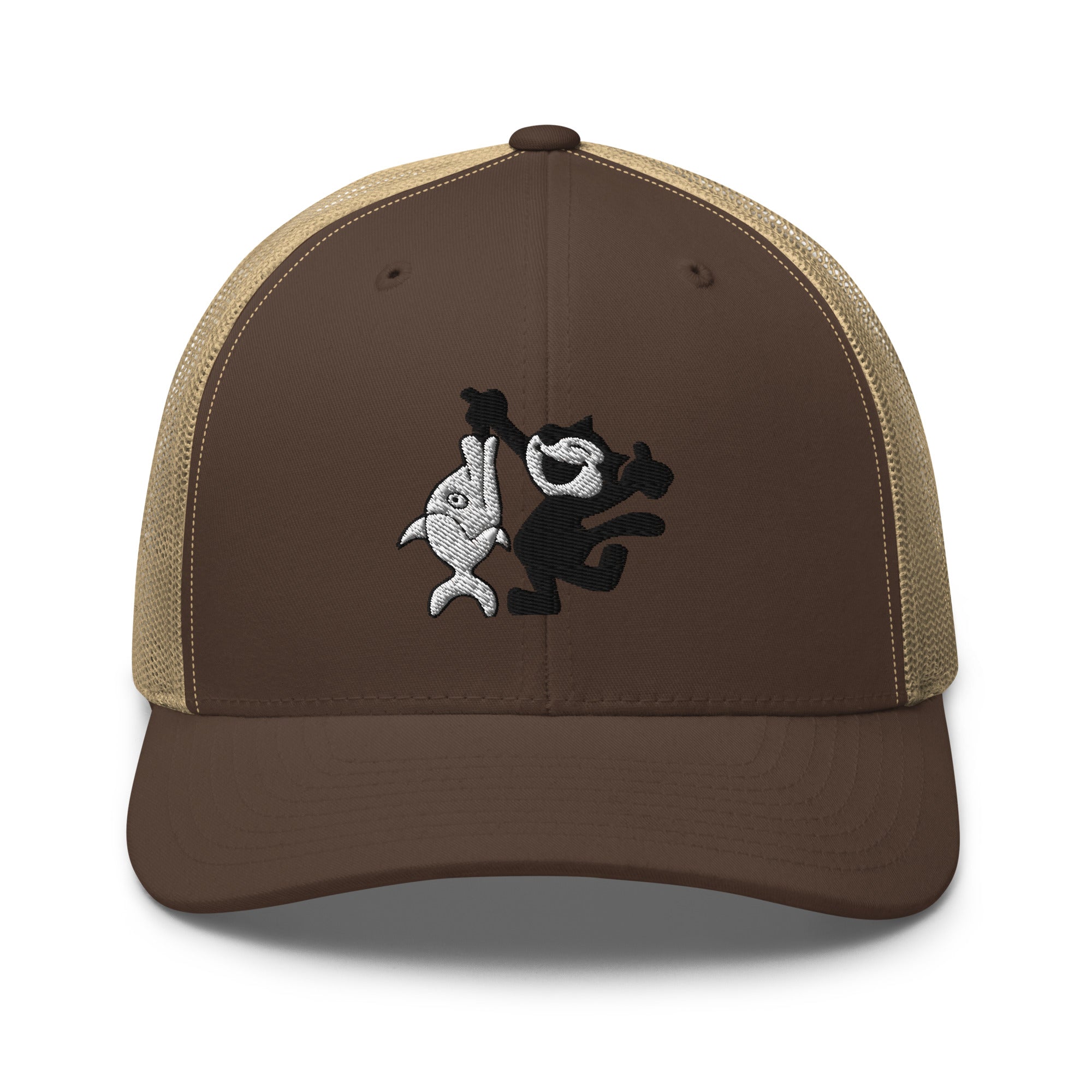 Brown trucker hat featuring a 1920 Felix the Cat design with a fish from Disney’s early animation era