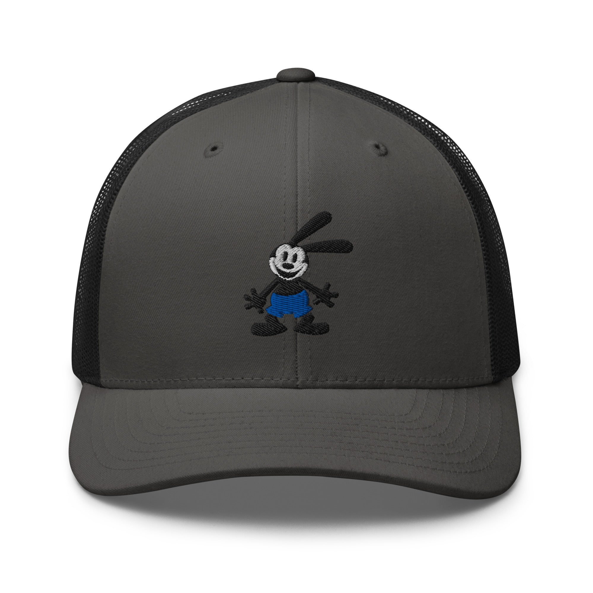 Charcoal retro trucker hat featuring a 1928 Oswald design from Disney’s early animation era