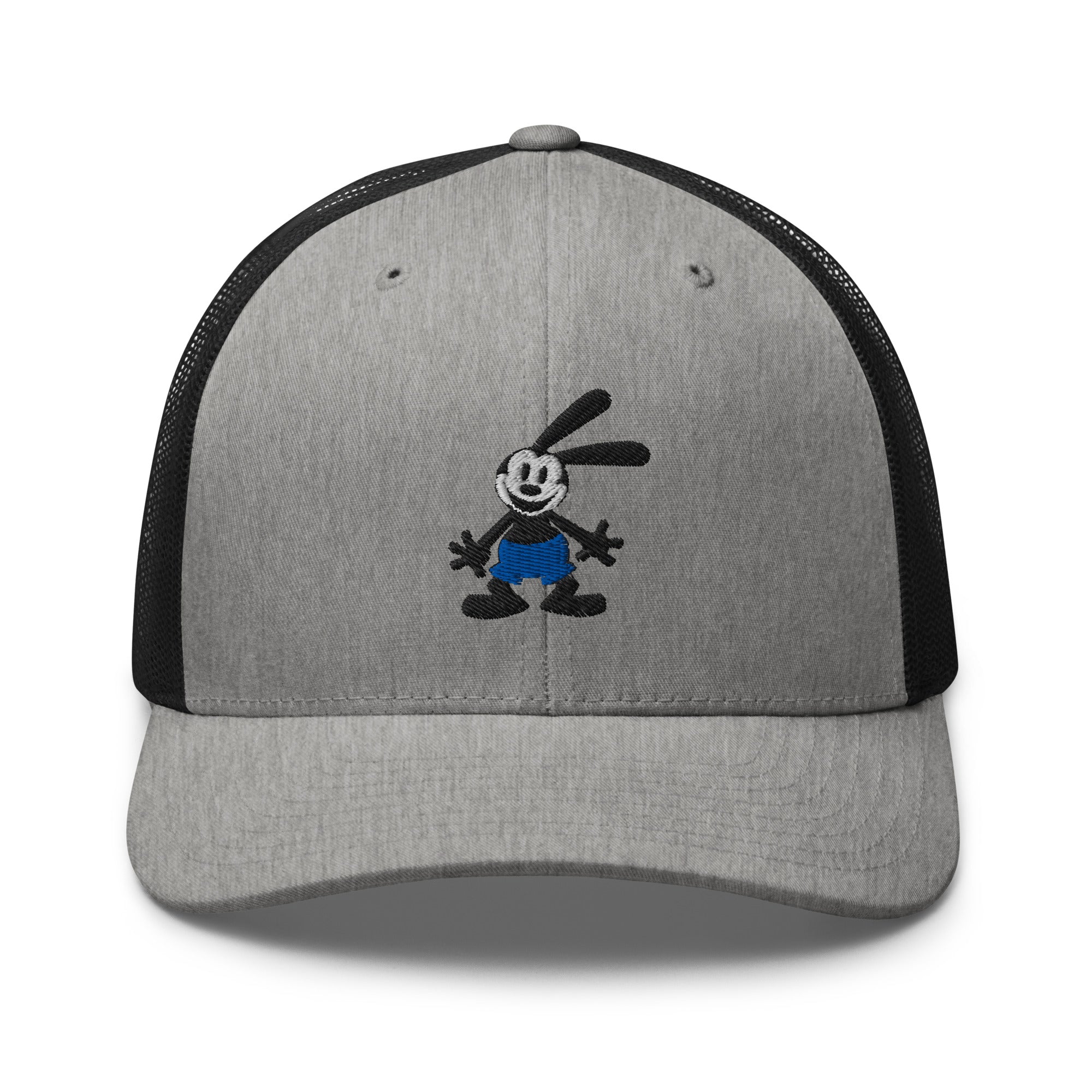 Grey black retro trucker hat featuring a 1928 Oswald design from Disney’s early animation era