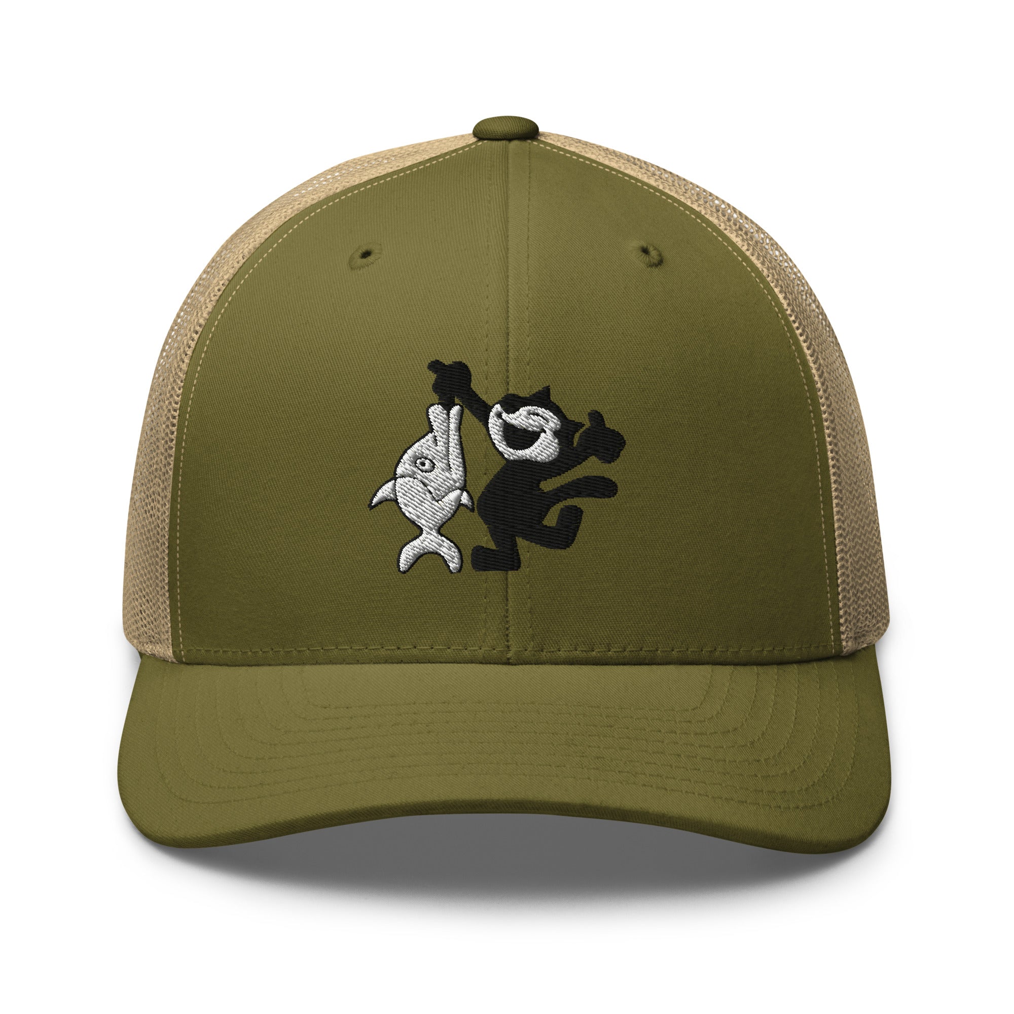Moss green  trucker hat featuring a 1920 Felix the Cat design with a fish from Disney’s early animation era