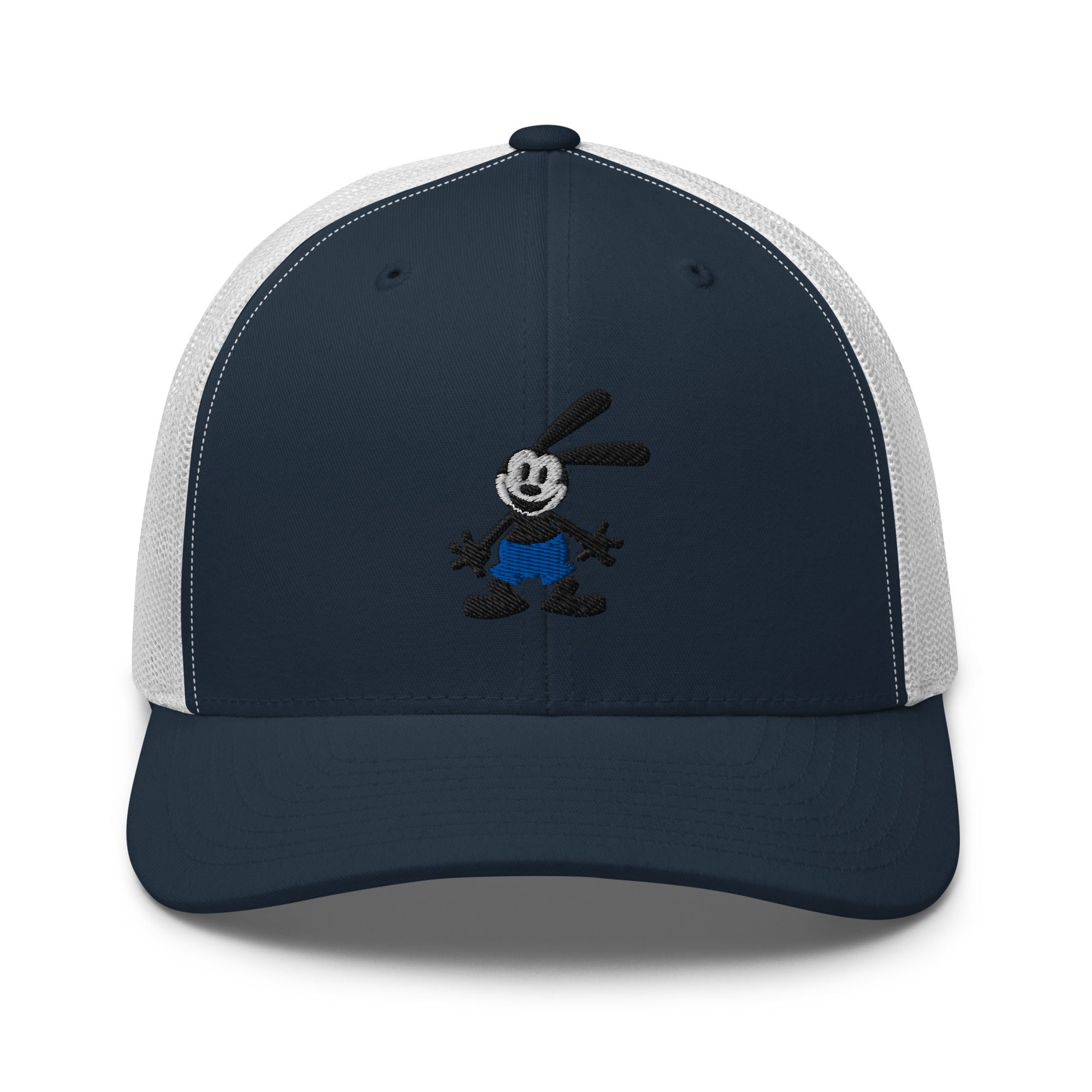 Navy white retro trucker hat featuring a 1928 Oswald design from Disney’s early animation era