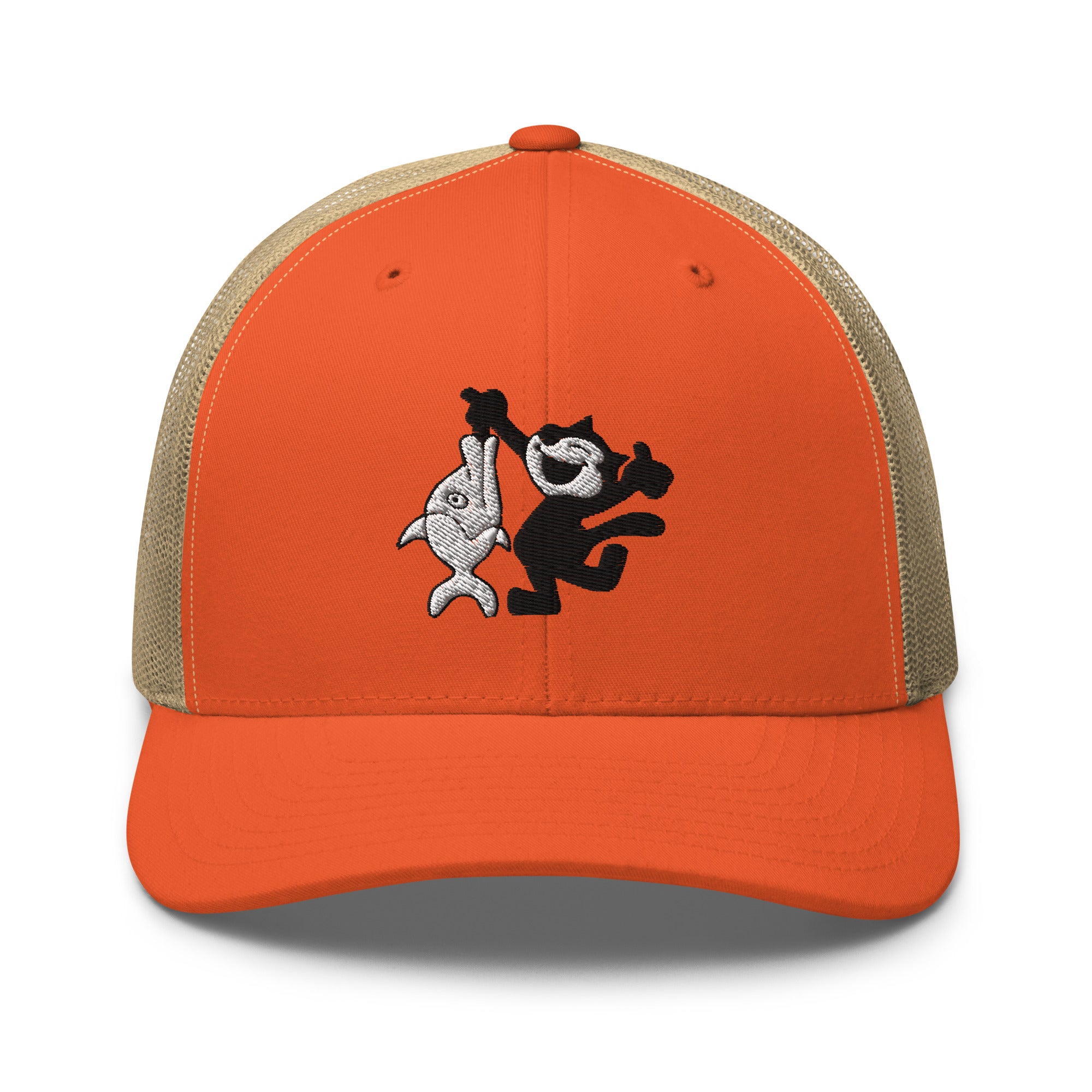 Orange trucker hat featuring a 1920 Felix the Cat design with a fish from Disney’s early animation era