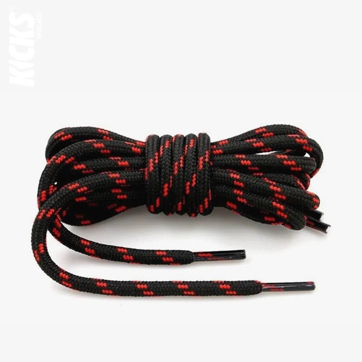 Round black and red replacement hiking boot laces for walking shoes and outdoor footwear