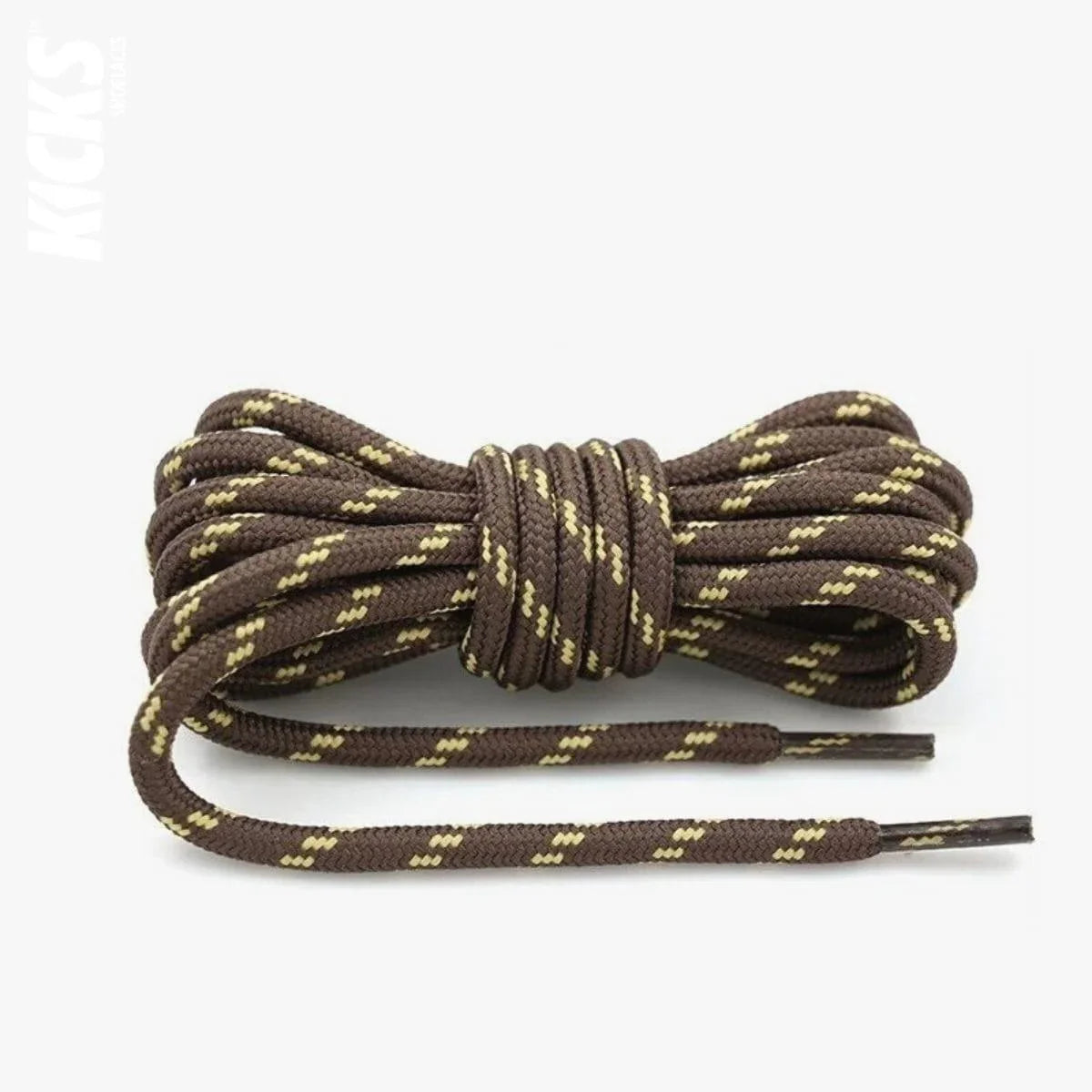Round dark brown and yellow replacement hiking boot laces for walking shoes and outdoor footwear