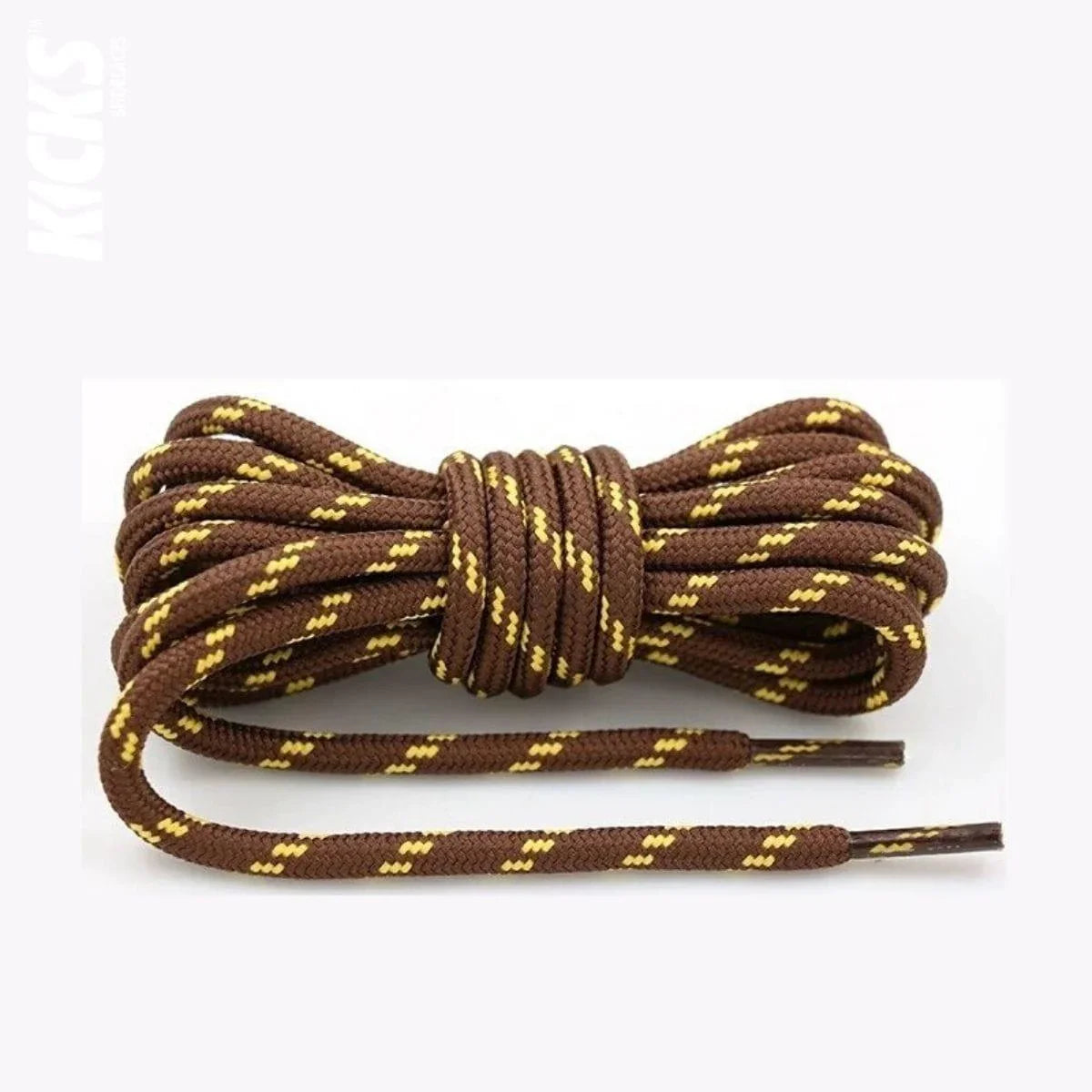 Round deep brown and yellow replacement hiking boot laces for walking shoes and outdoor footwear