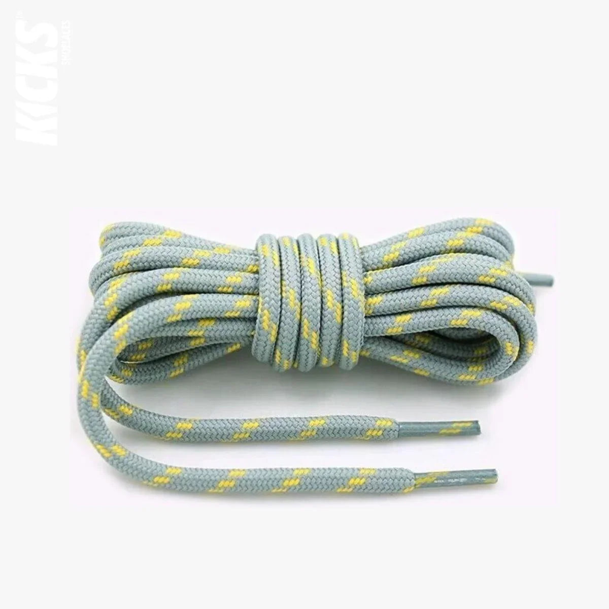 Round light grey and yellow replacement hiking boot laces for walking shoes and outdoor footwear