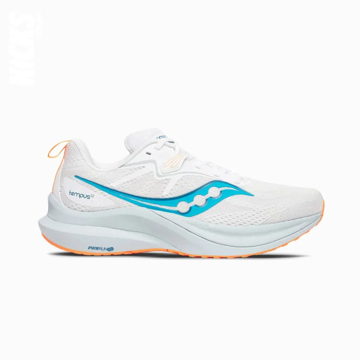 A pair of white Saucony Tempus 2 replacement shoe laces with blue accents, designed for running shoes by Kicks Shoelaces.