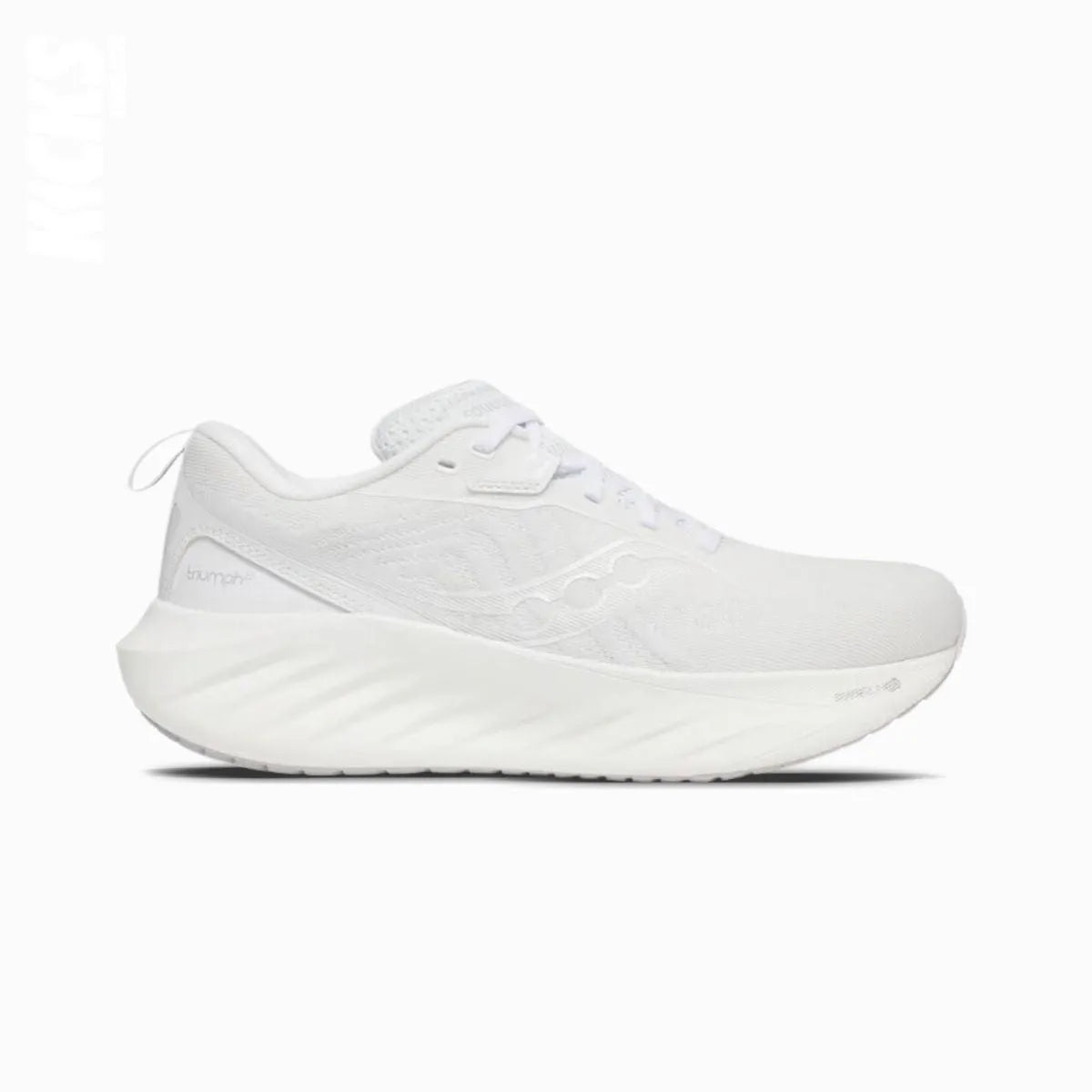 A pair of white Saucony Triumph 22 replacement shoe laces by Kicks Shoelaces.