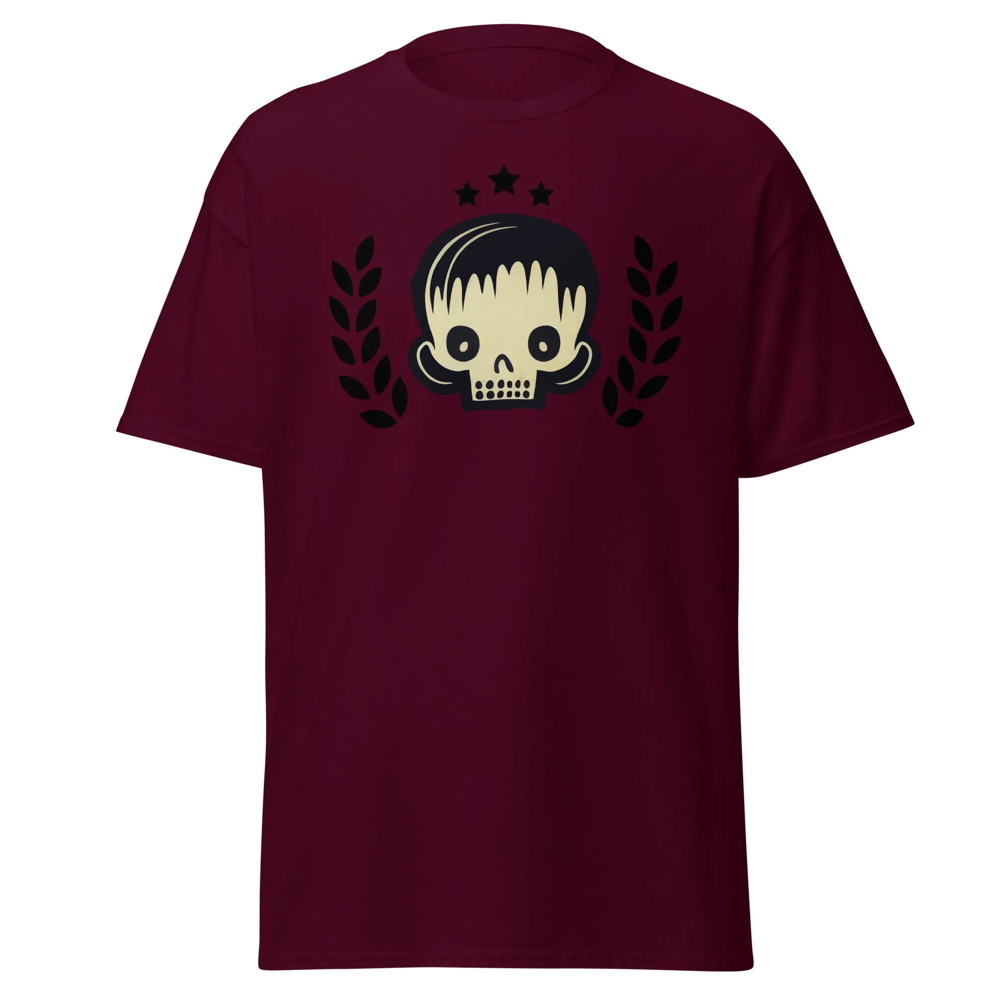 Skull Star maroon Halloween T-shirt featuring a graphic design with a stylish skull, laurel branches, and three black stars.