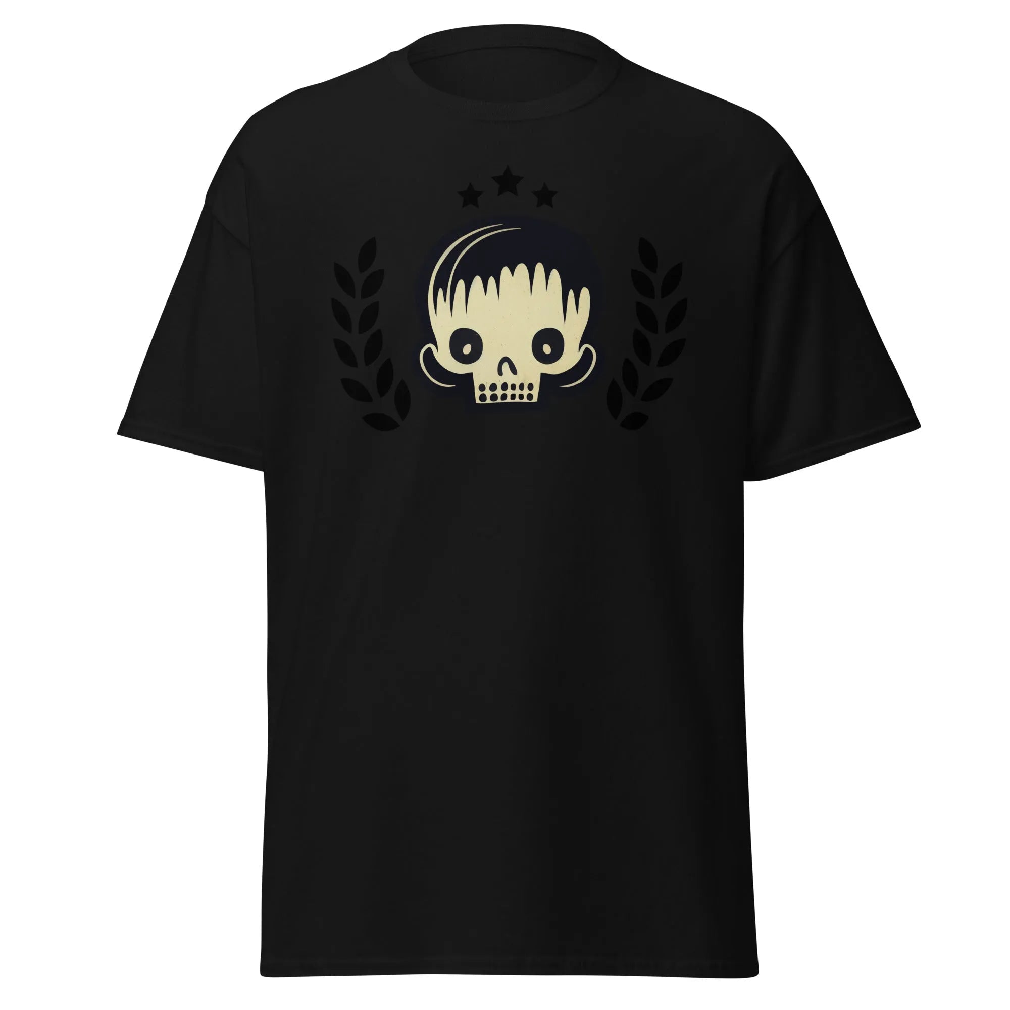 Skull Star black Halloween T-shirt featuring a graphic design with a stylish skull, laurel branches, and three black stars.