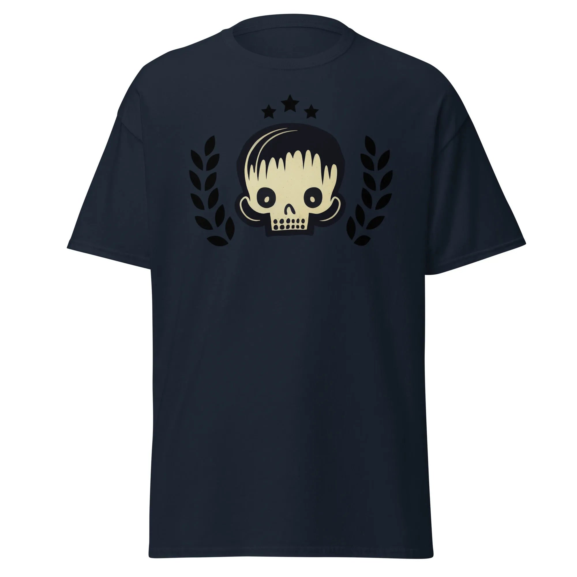 Skull Star navy blue Halloween T-shirt featuring a graphic design with a stylish skull, laurel branches, and three black stars.
