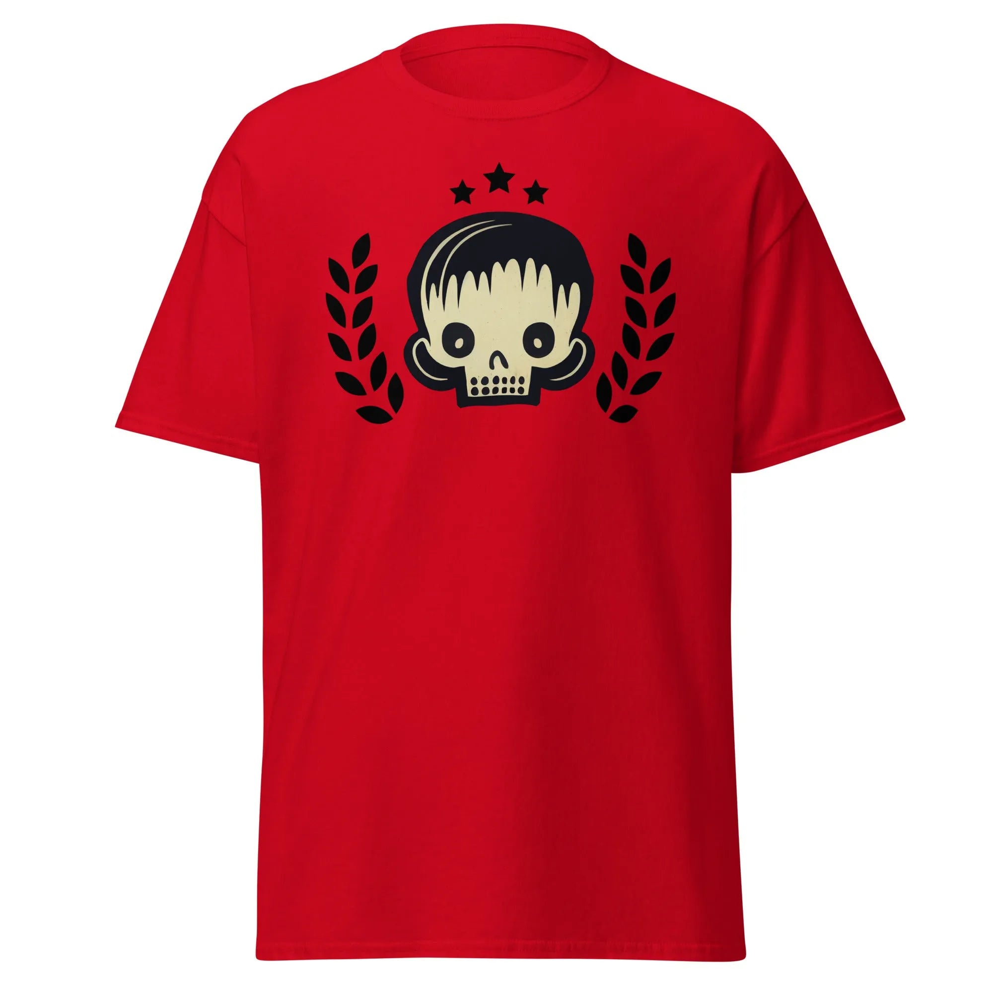 Skull Star red Halloween T-shirt featuring a graphic design with a stylish skull, laurel branches, and three black stars.