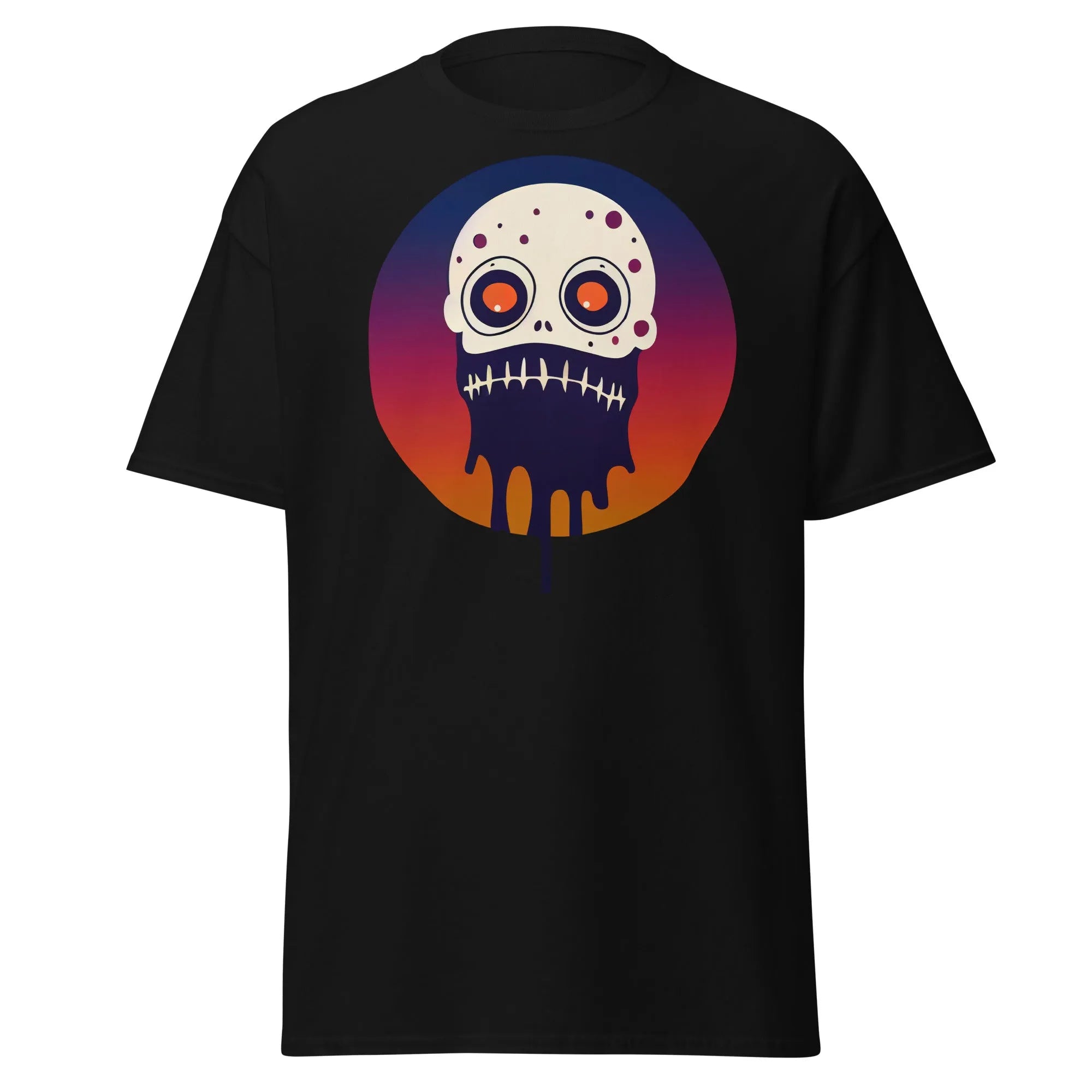 Slop n Slime Skullface black Halloween T-shirt featuring a skull with large eyes and a dripping effect.