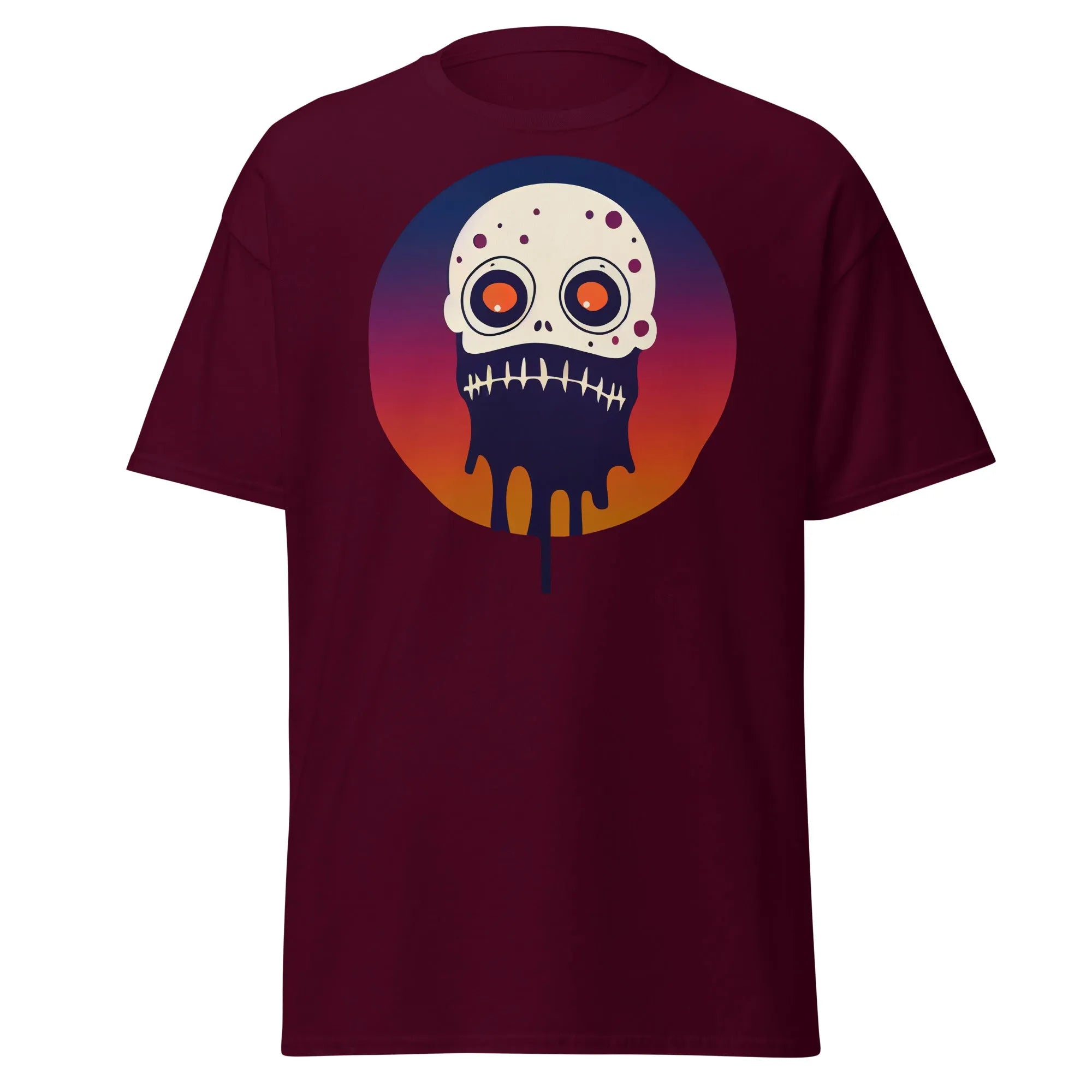 Slop n Slime Skullface maroon Halloween T-shirt featuring a skull with large eyes and a dripping effect.