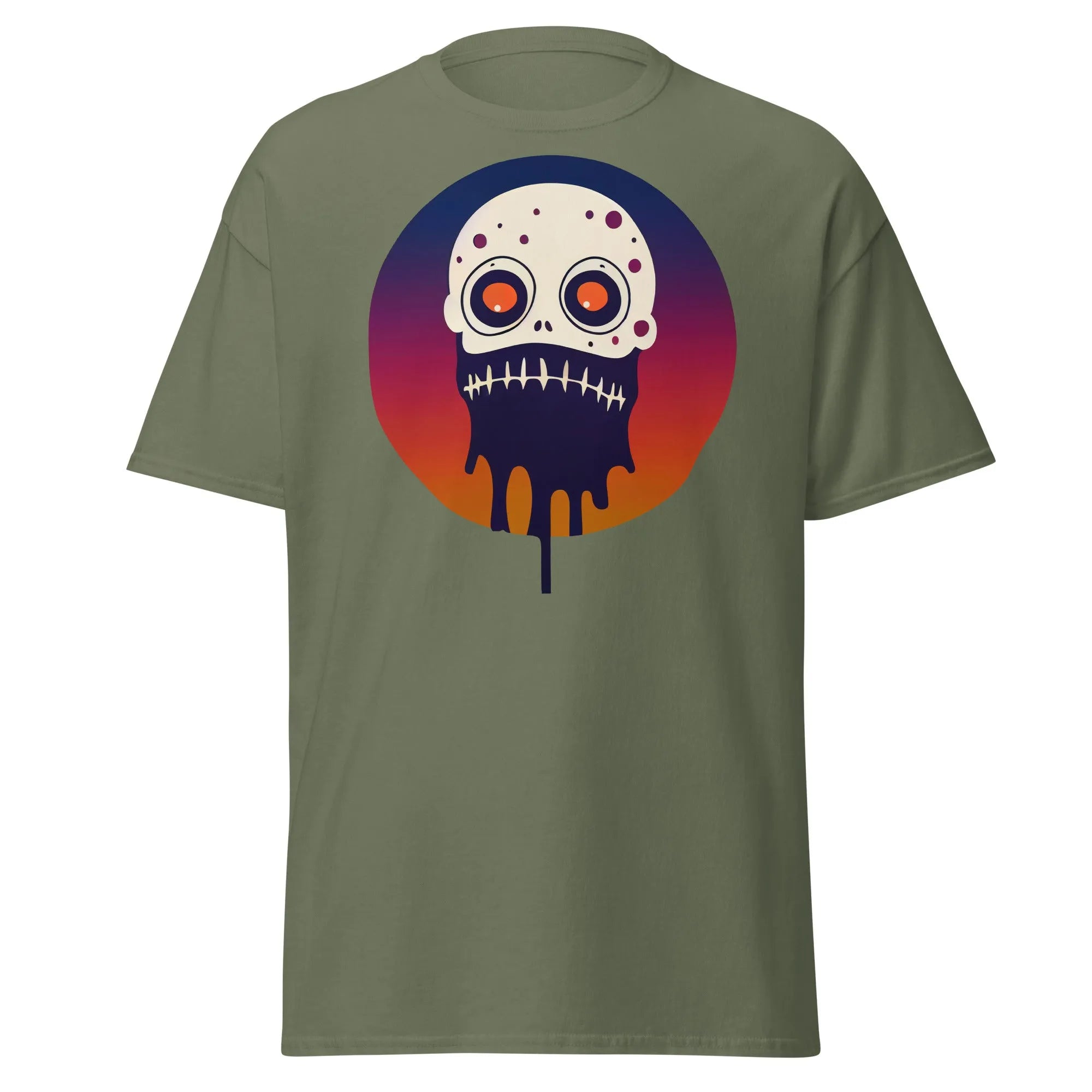 Slop n Slime Skullface military green Halloween T-shirt featuring a skull with large eyes and a dripping effect.