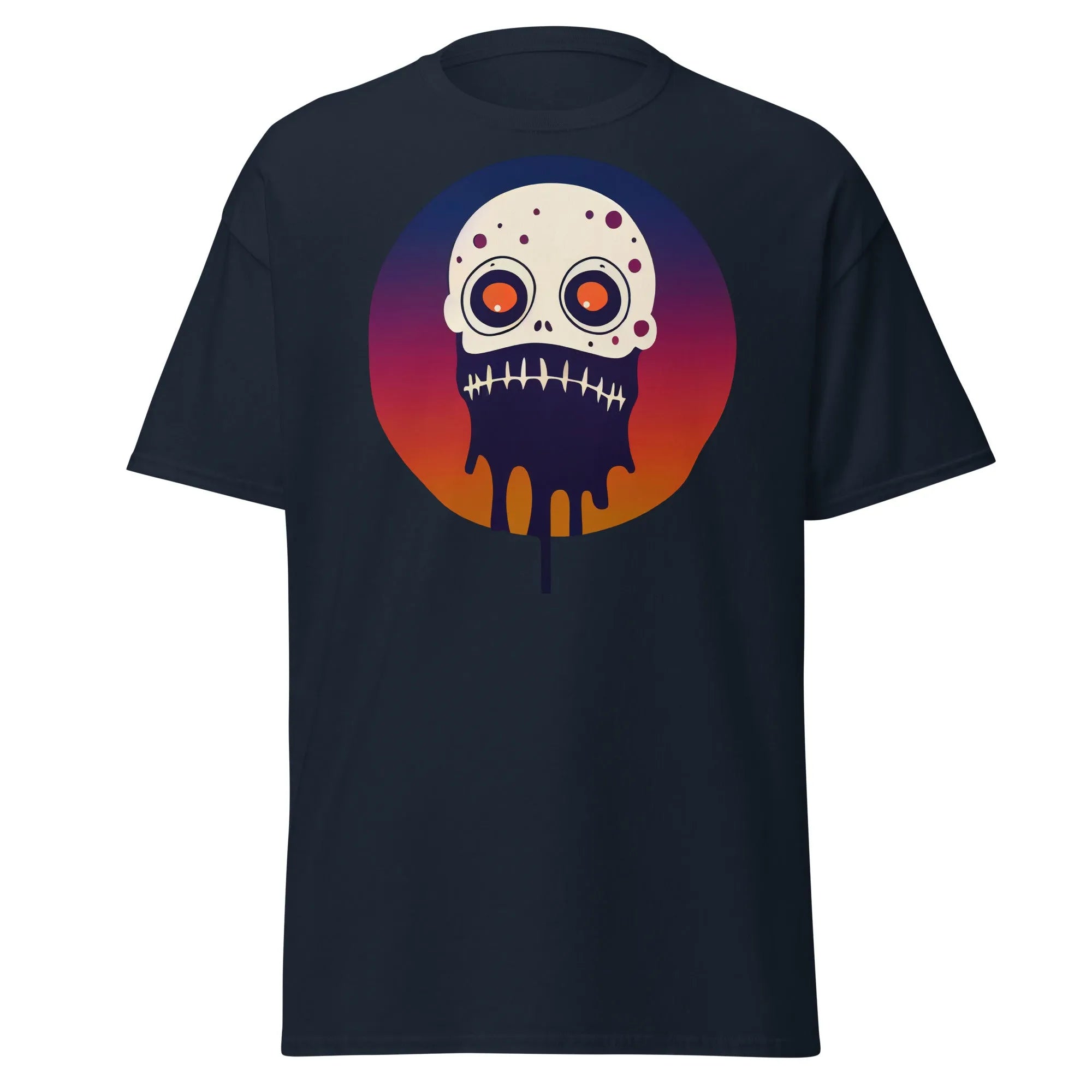 Slop n Slime Skullface navy blue Halloween T-shirt featuring a skull with large eyes and a dripping effect.