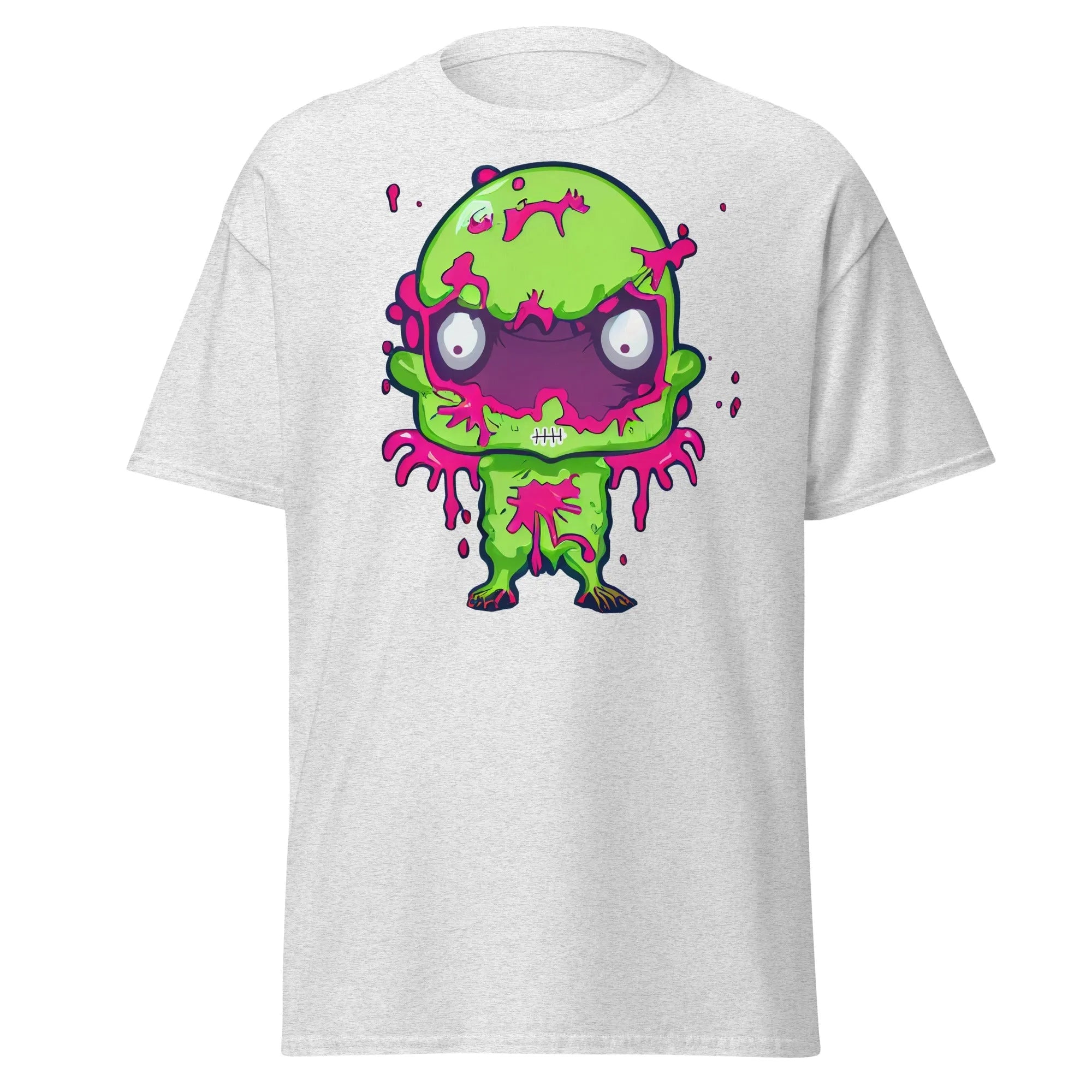 Slopster ash Halloween T-shirt featuring a green zombie with big eyes, and pink slime dripping from its head, arms, and body.