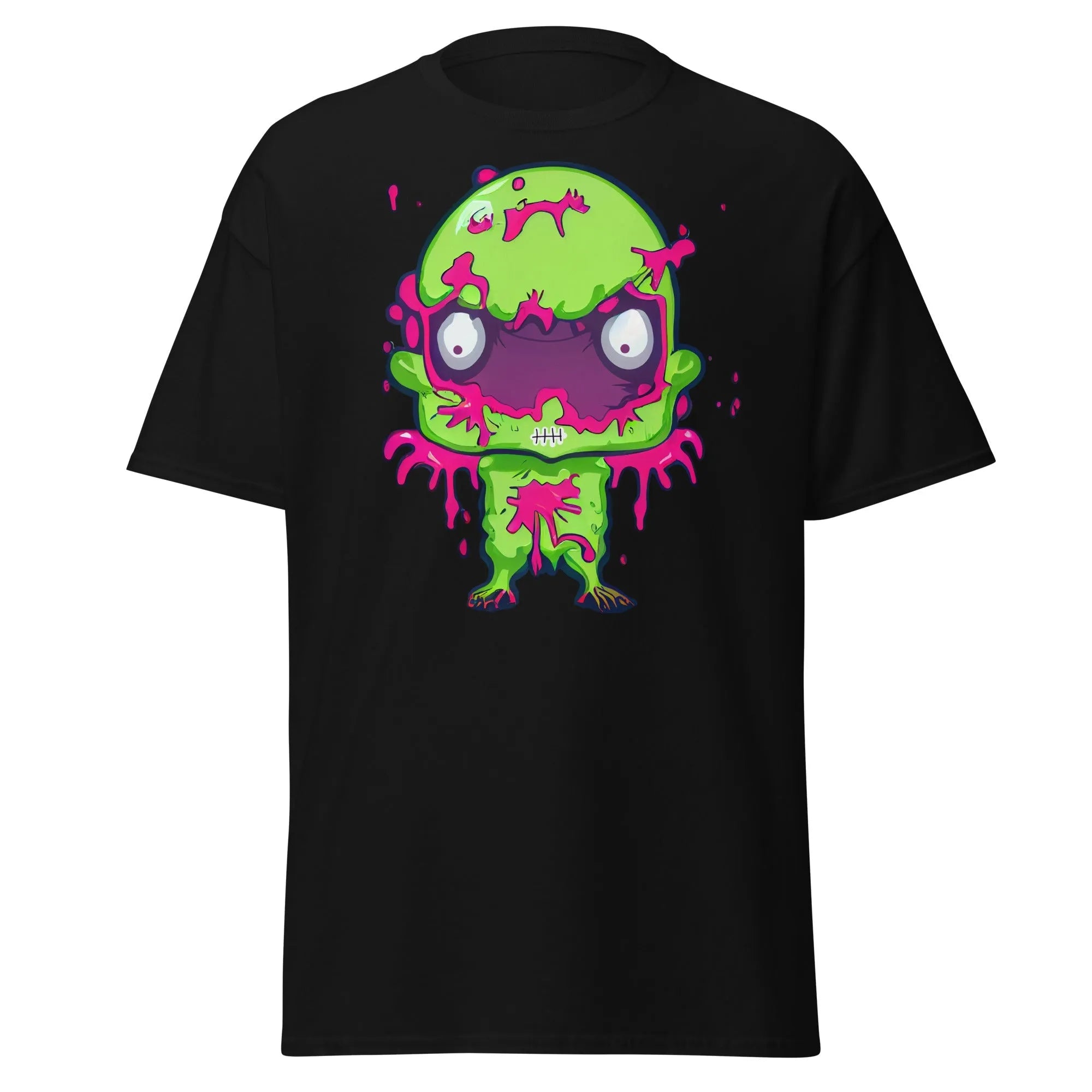 Slopster black Halloween T-shirt featuring a green zombie with big eyes, and pink slime dripping from its head, arms, and body.