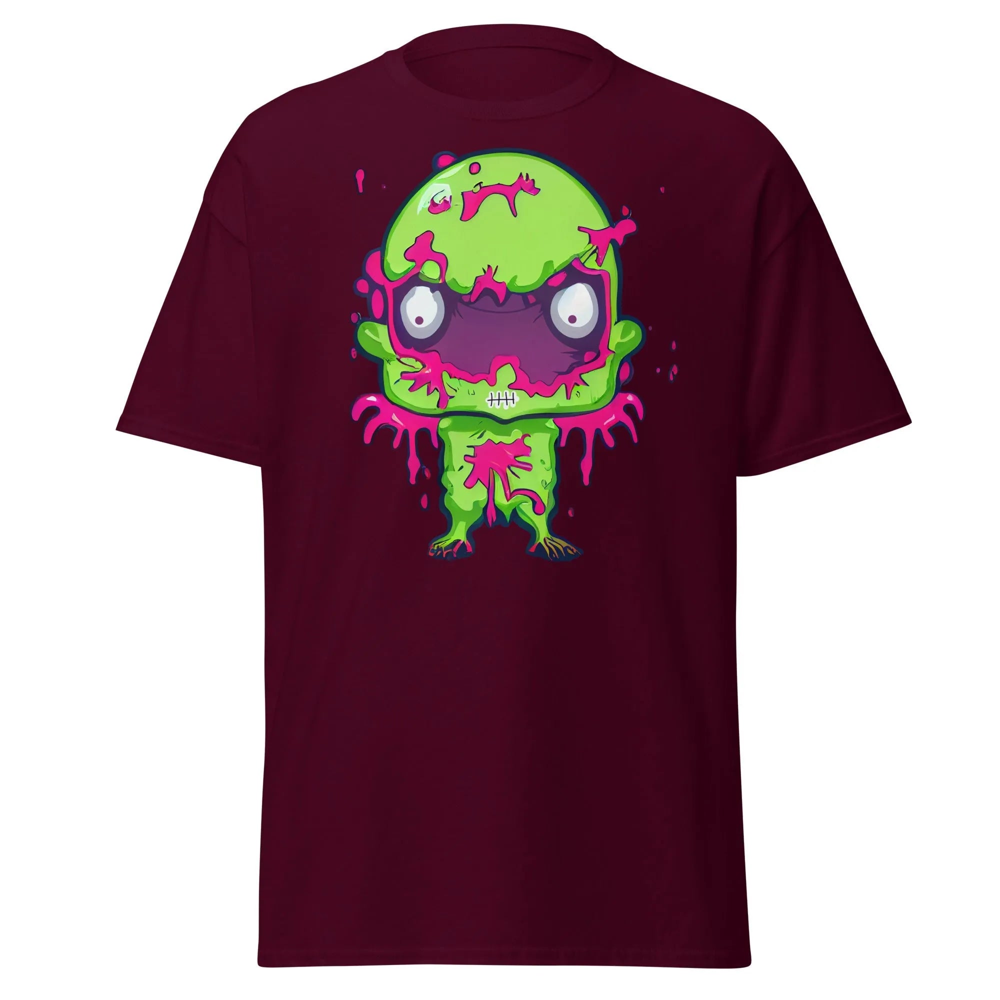Slopster maroon Halloween T-shirt featuring a green zombie with big eyes, and pink slime dripping from its head, arms, and body.